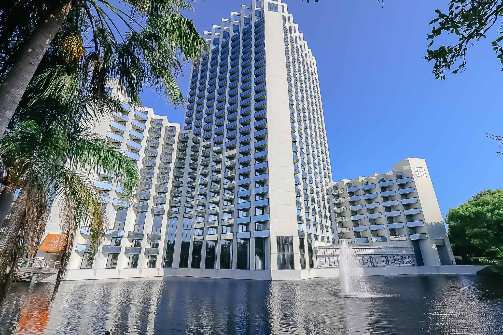 A view of the tower hotel from the back of it. 