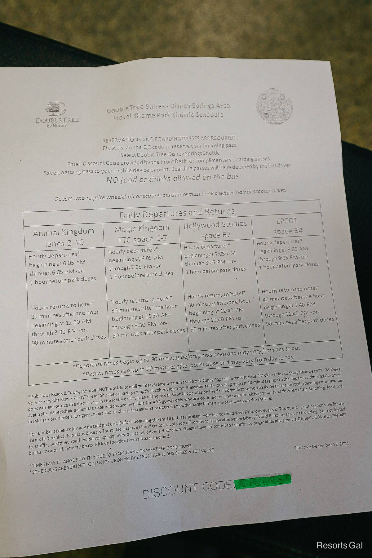 A sheet of paper that explains how the shuttle system works for the Disney Springs area hotels. 