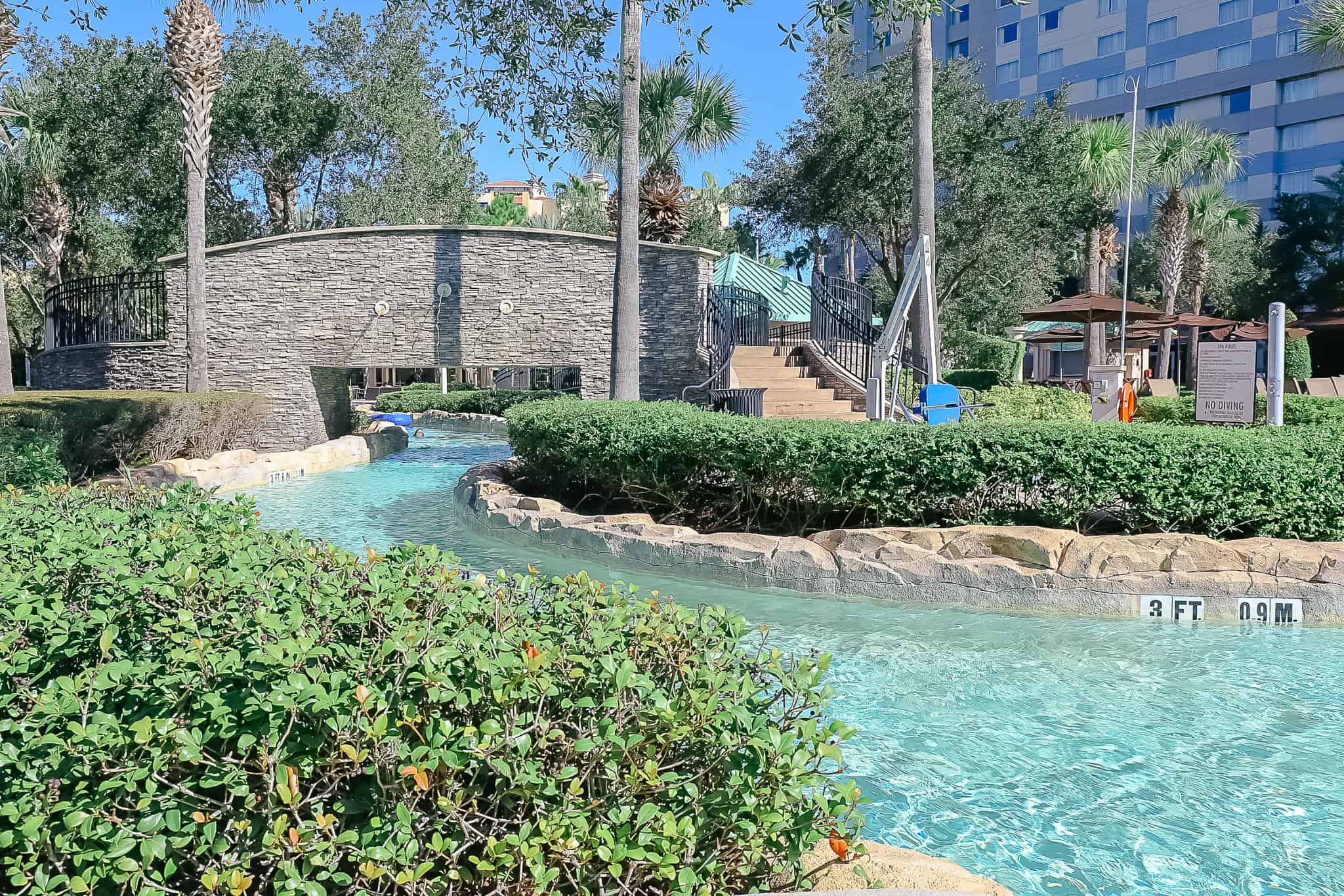 the lazy river from the back of the pool area 