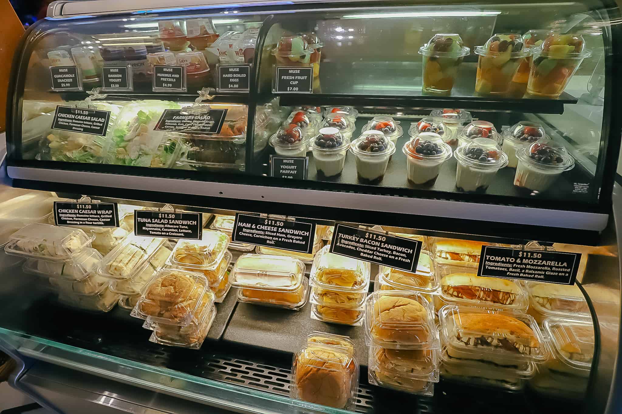 premade grab and go items like salads, sandwiches, fruit cups, and parfaits 