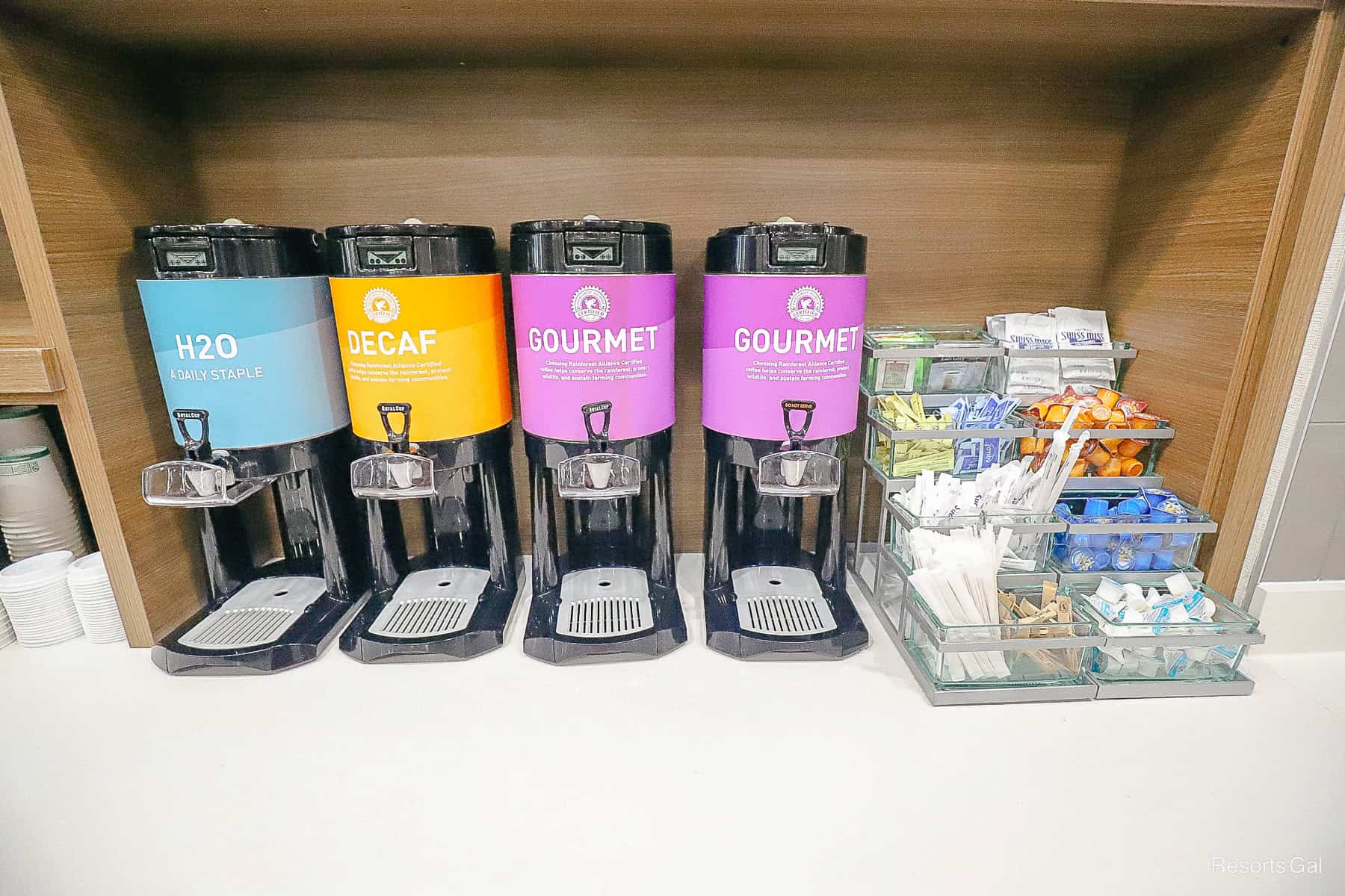 a coffee bar with hot water, decaf, and regular coffee 