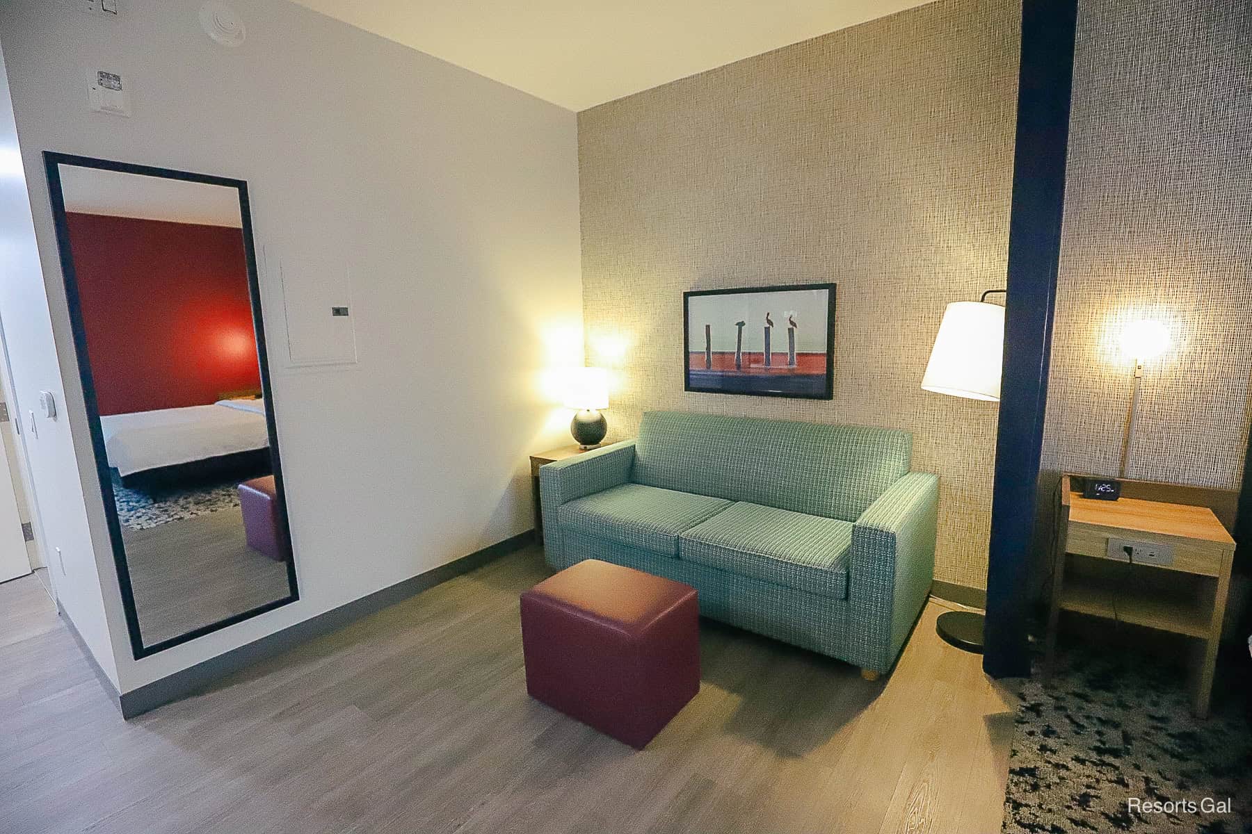 the sofa area that turns into a queen size bed 