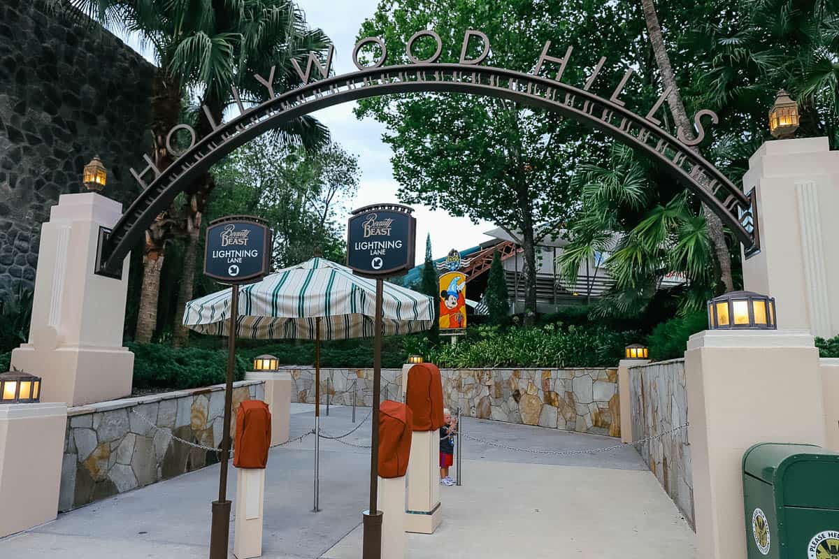 Lightning Lane entrance is under the Hollywood Hills sign. 