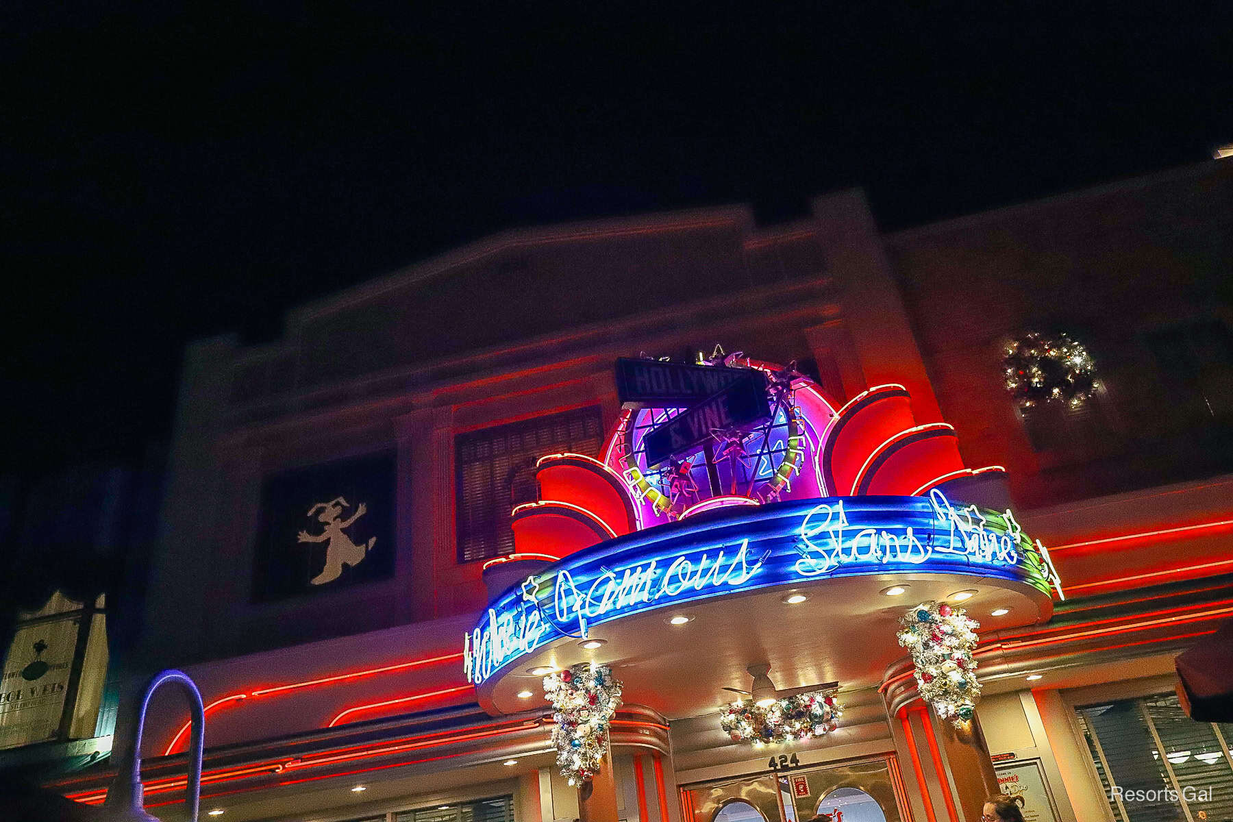 the exterior of Hollywood and Vine decorated for Christmas 