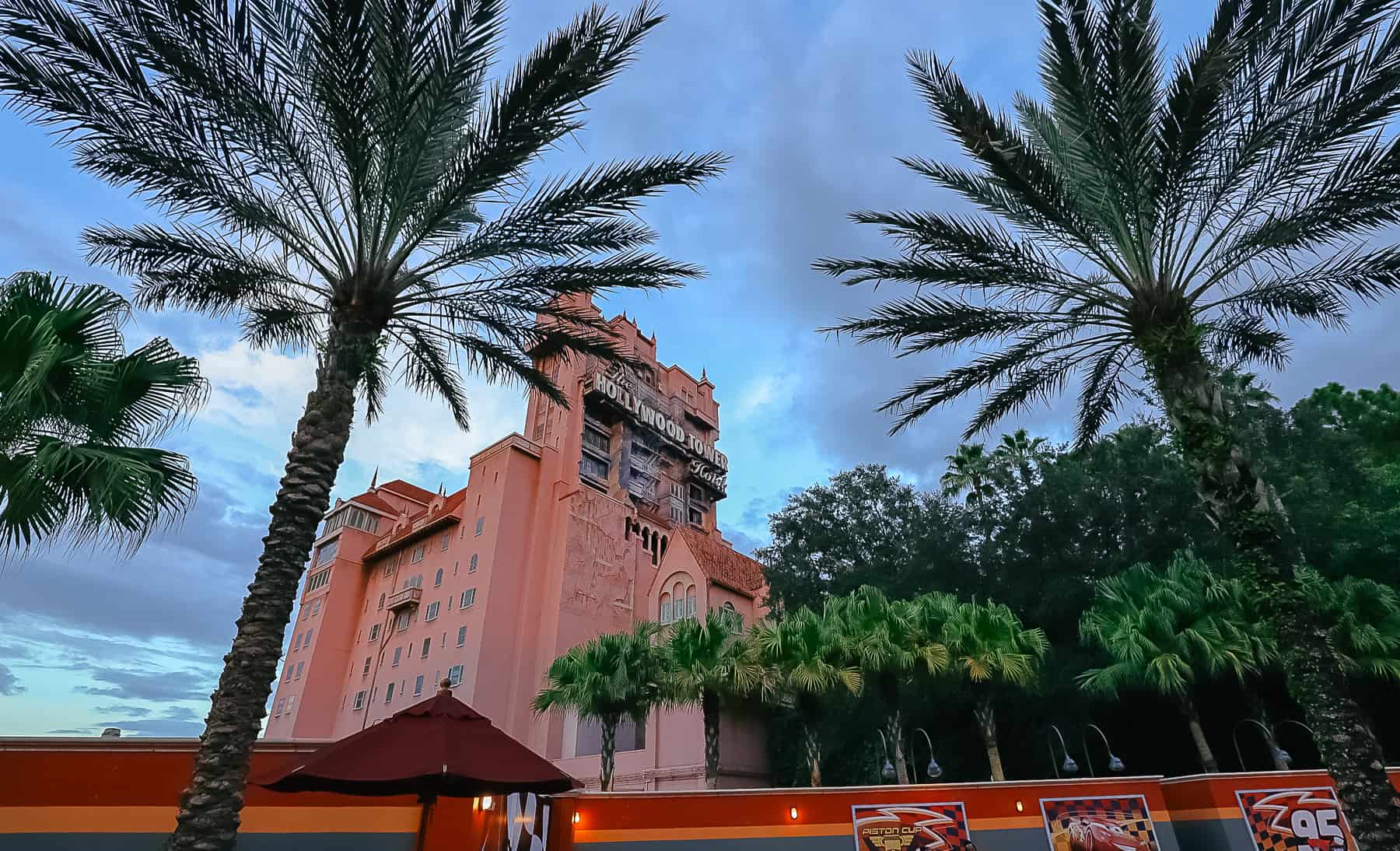 view of the Hollywood Tower Hotel taken from the Cars area