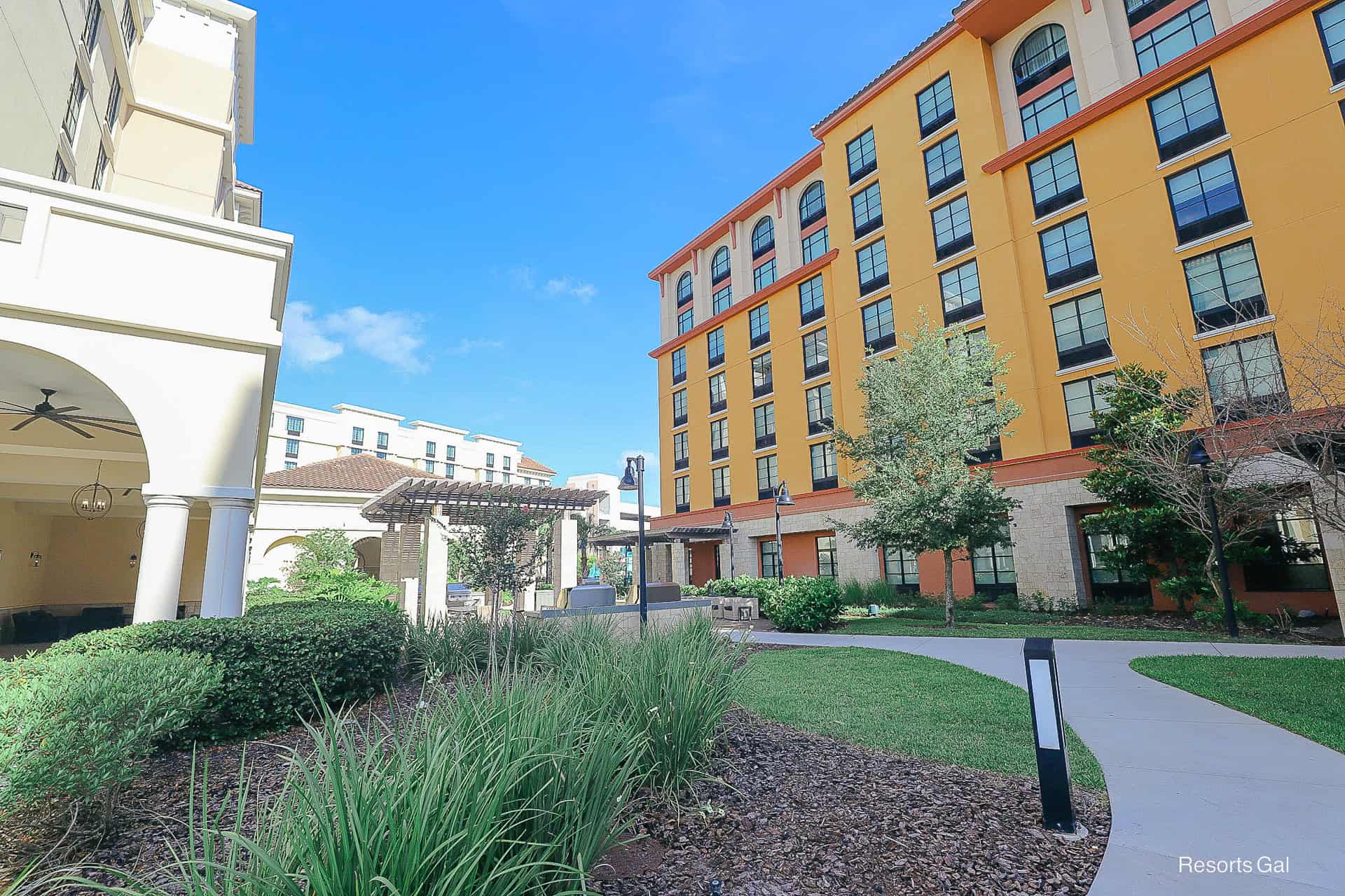 the walkway between the Home2 and Homewood Suites Hiltons at Flamingo Crossings