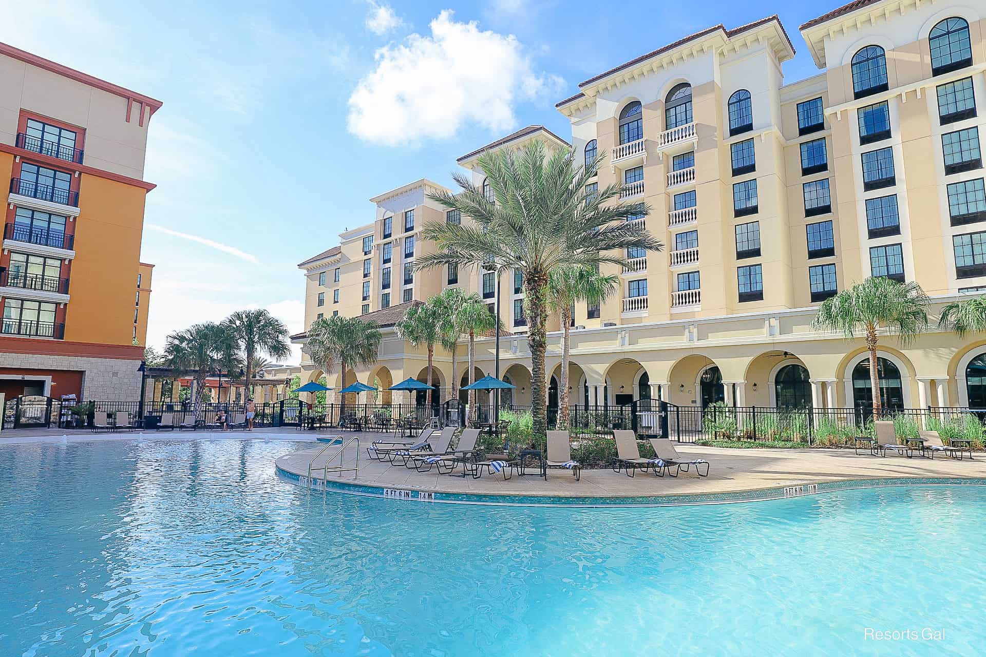 a view of the pool that's shared between the Home2 Suites and the Homewood Suites at Flamingo Crossings