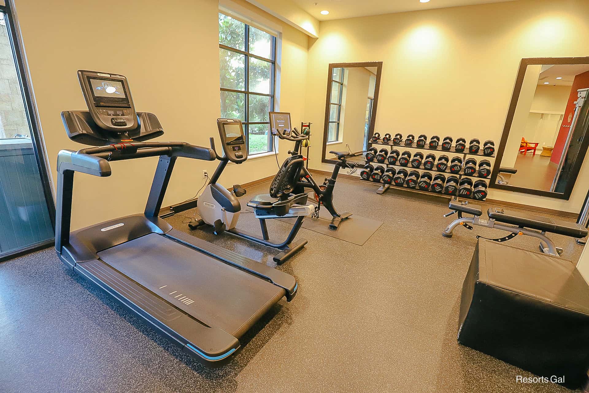 a treadmill and other workout equipment