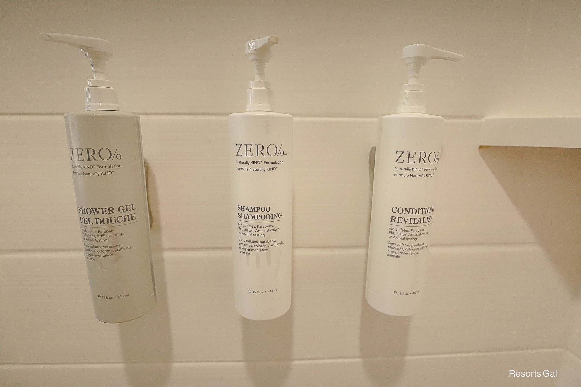 shower gel, shampoo, and conditioner installed in the shower at the Homes2 Hilton at Flamingo Crossings