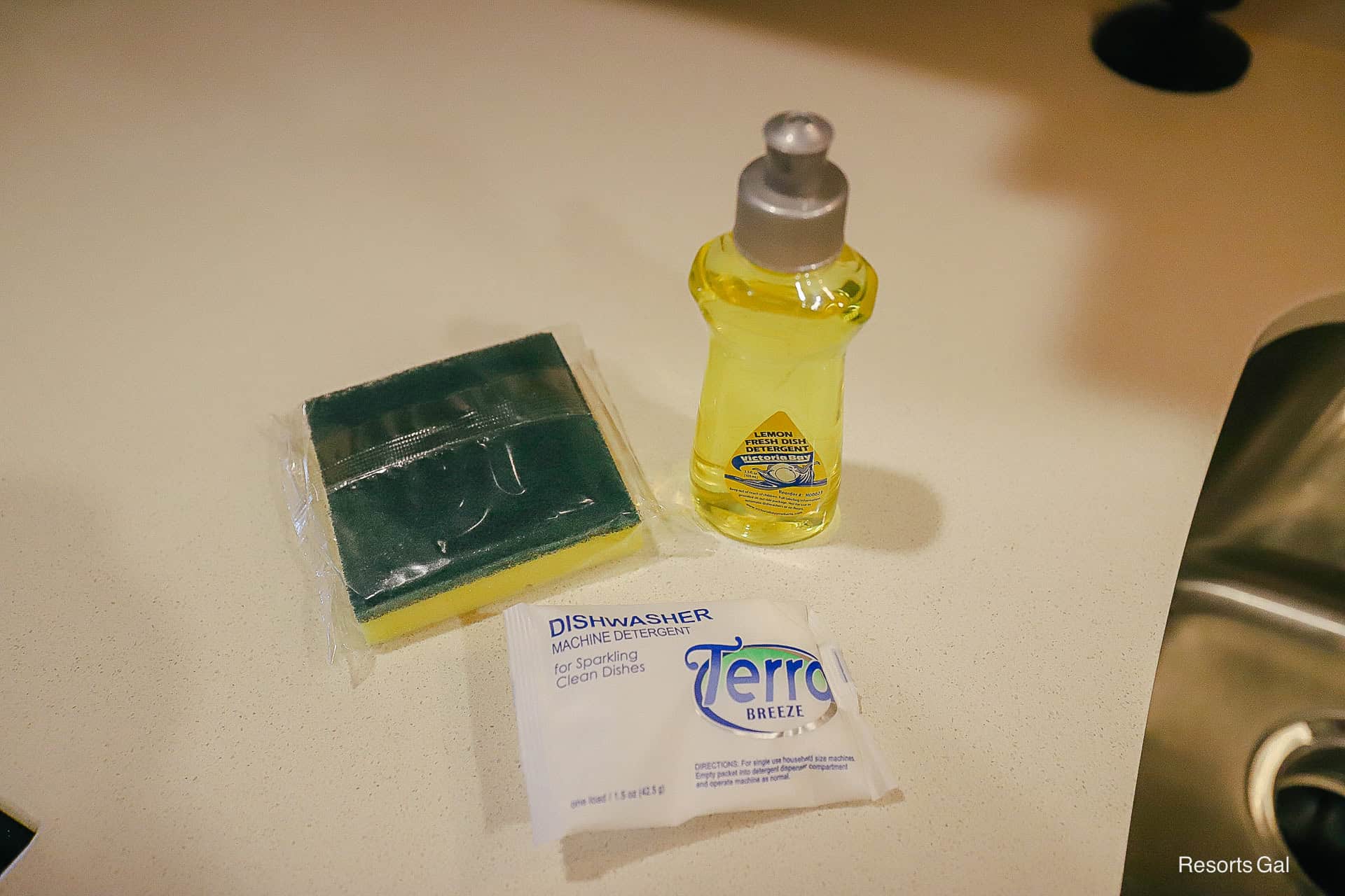 a package of soap, a sponge, and a dishwasher detergent