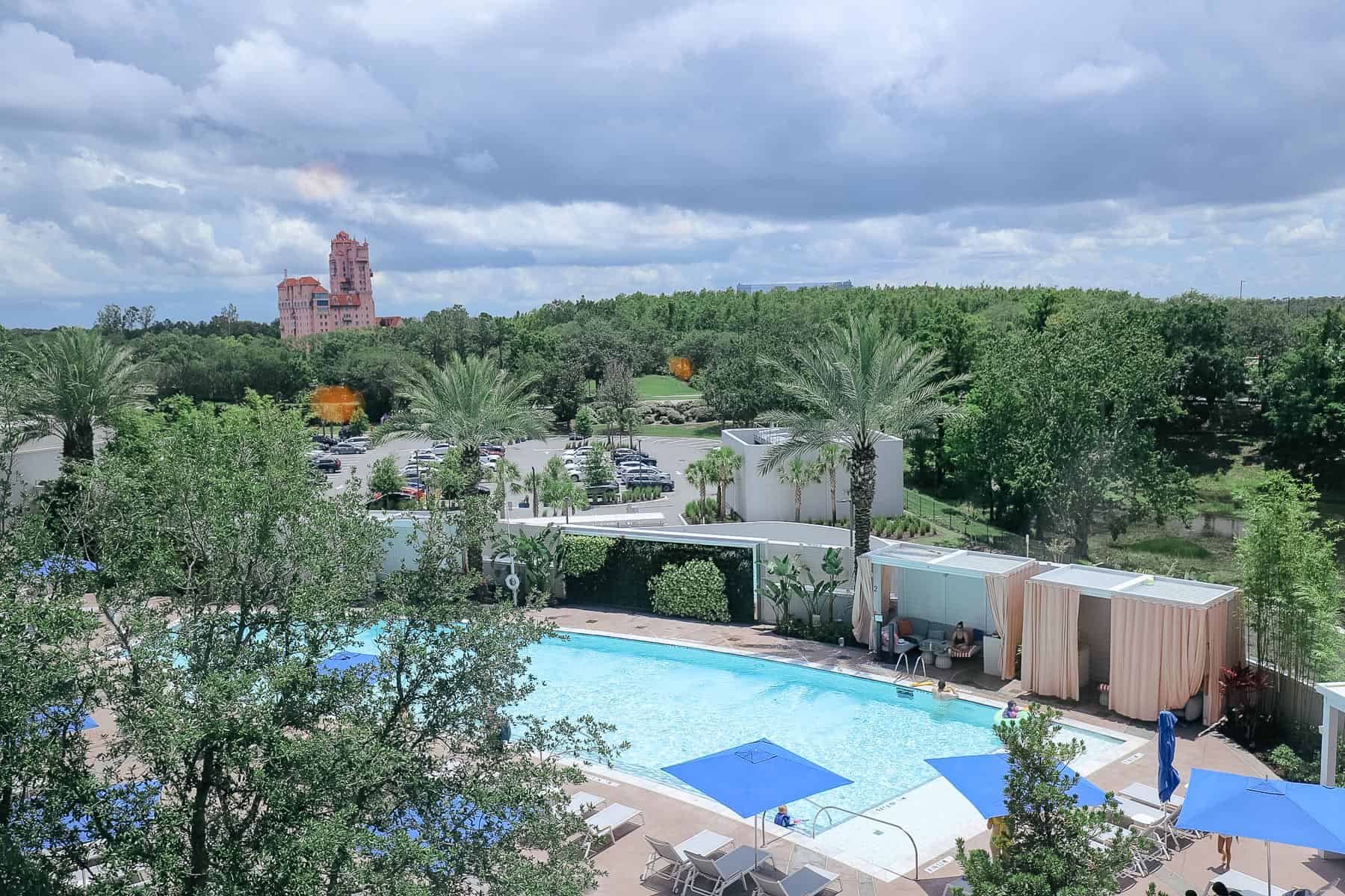 a pool view room from a Marriott near Disney World looking toward the Twilight Zone Tower of Terror 