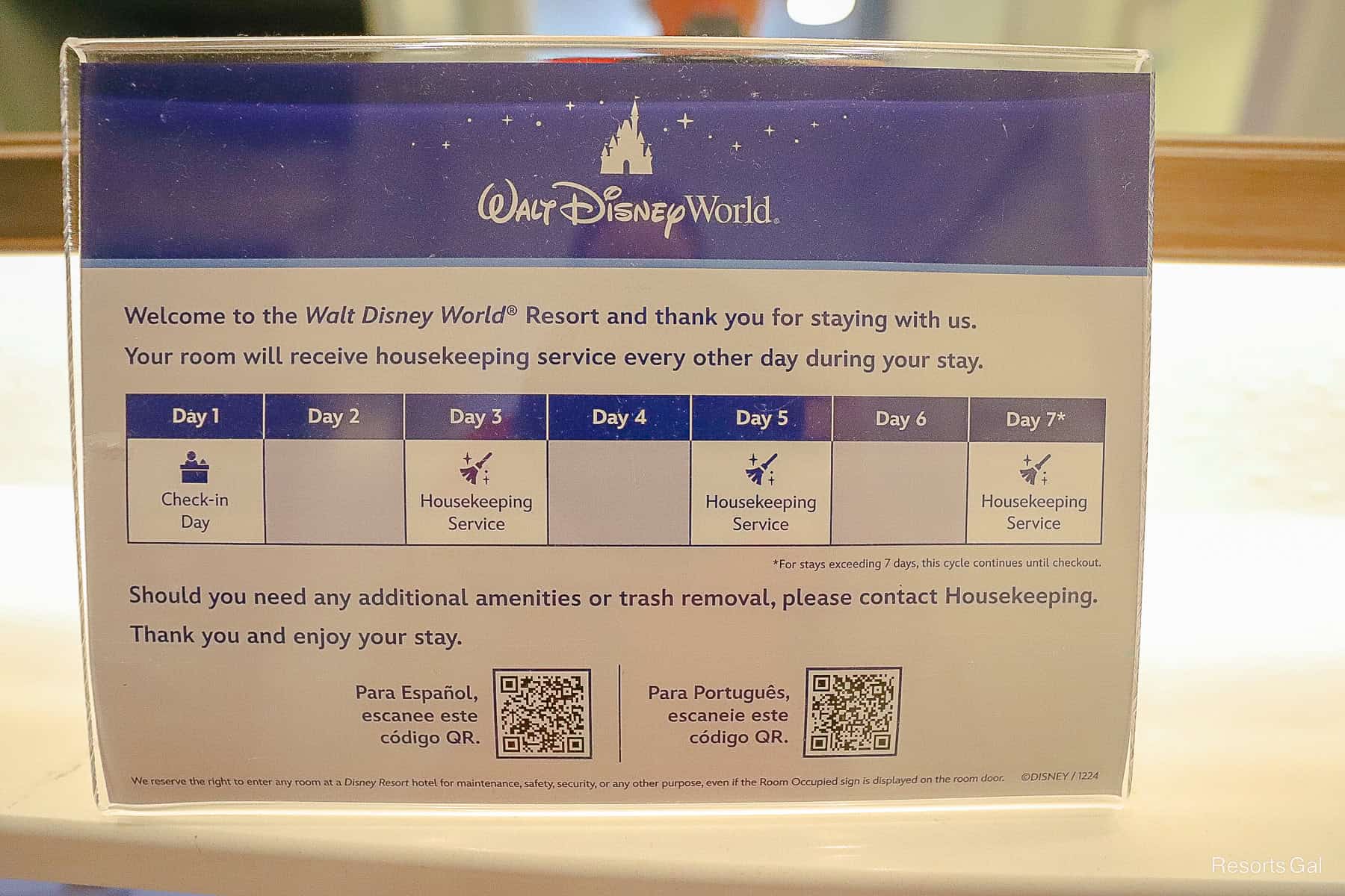 a Walt Disney World housekeeping sign that indicates when a guest will receive services to their room. 
