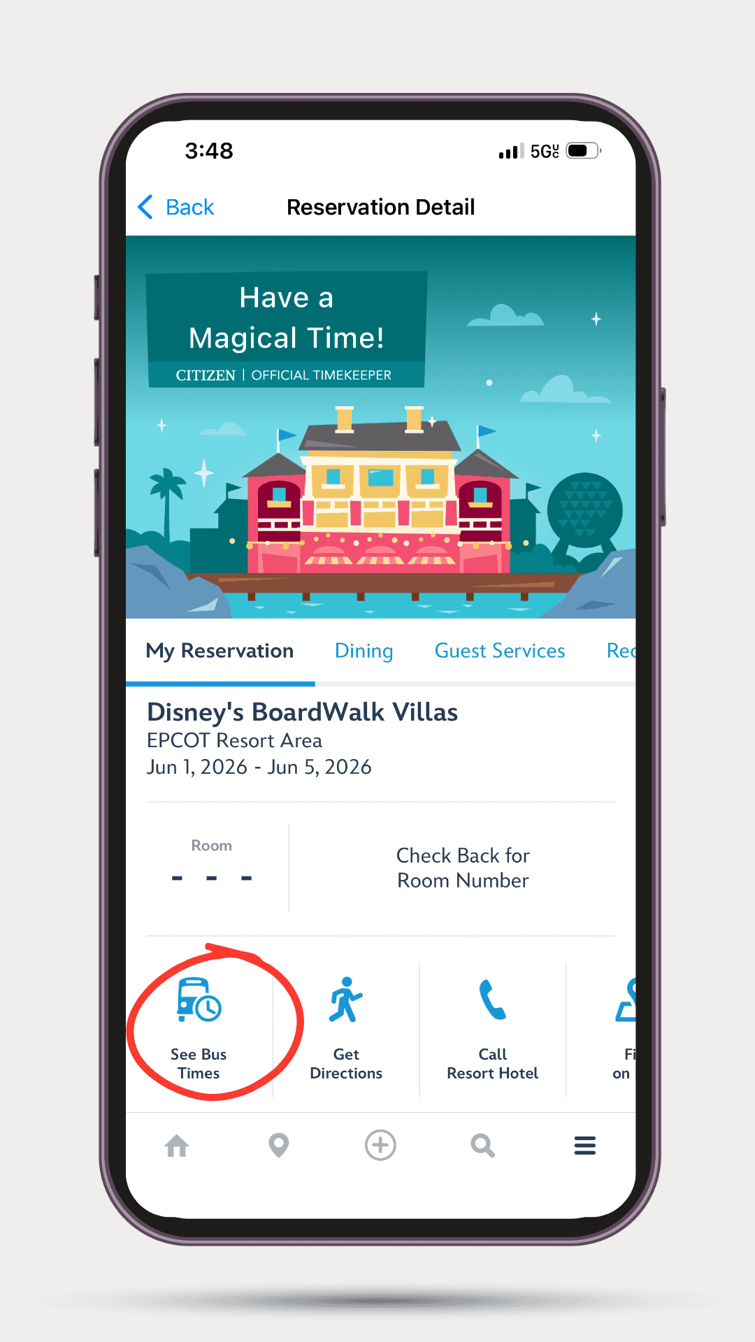 screenshot of My Disney Experience app that shows where to See Bus Times