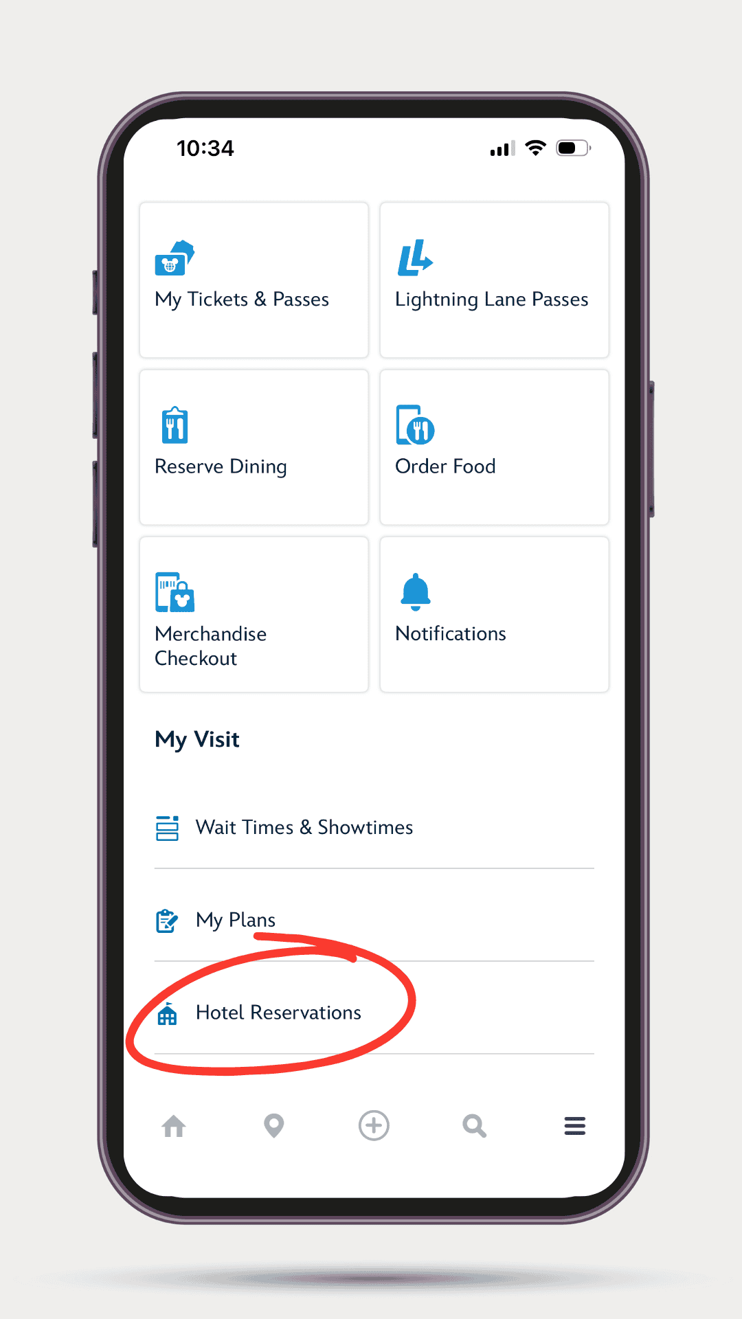 screenshot with Hotel Reservations circled on the My Disney Experience app