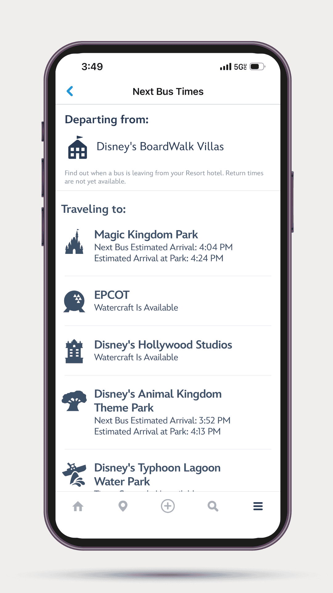 screenshot that shows bus estimated arrival times at the resort and estimated arrival at the park