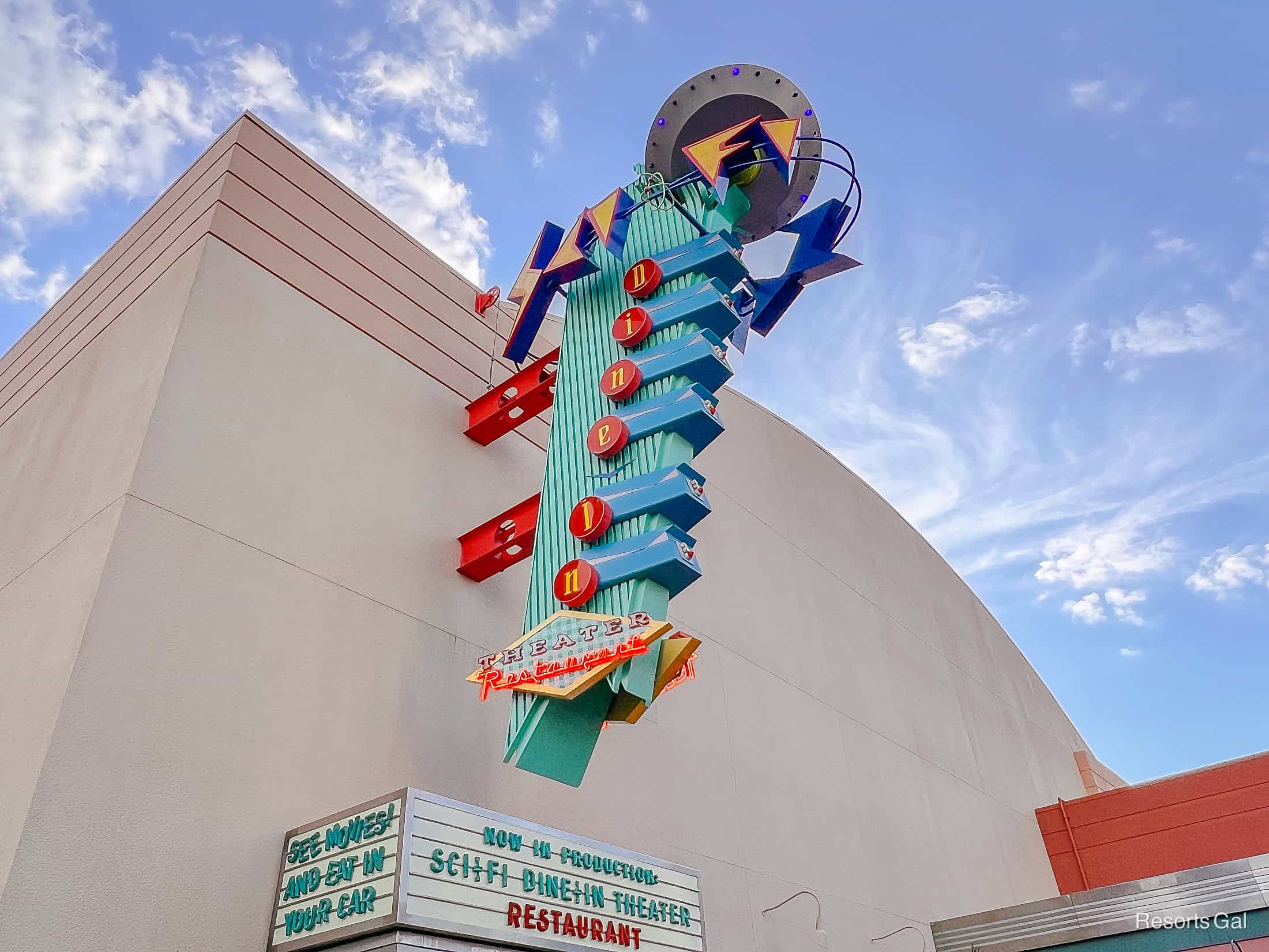 the signage over the Sci-Fi Dine In Drive In at Disney's Hollywood Studios 