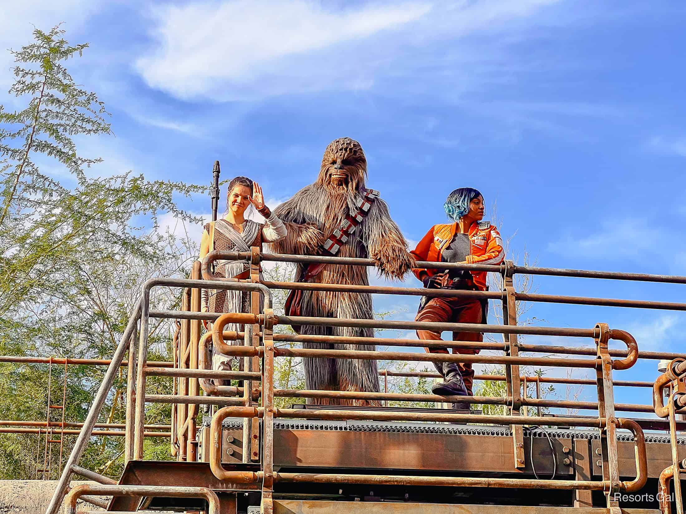 Rey, Chewbacca, and Vi Moradi in Galaxy's Edge