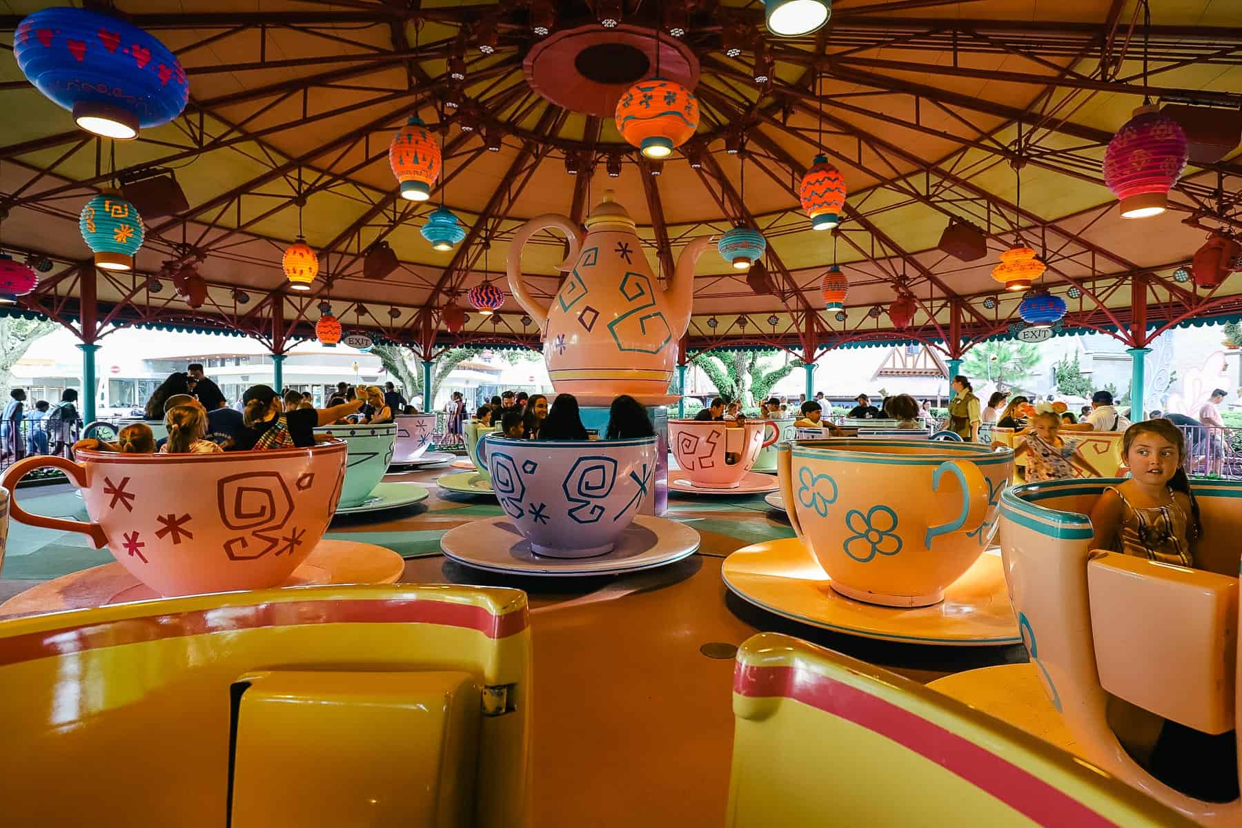 Looking out to the Mad Tea Party ride from a teacup. 