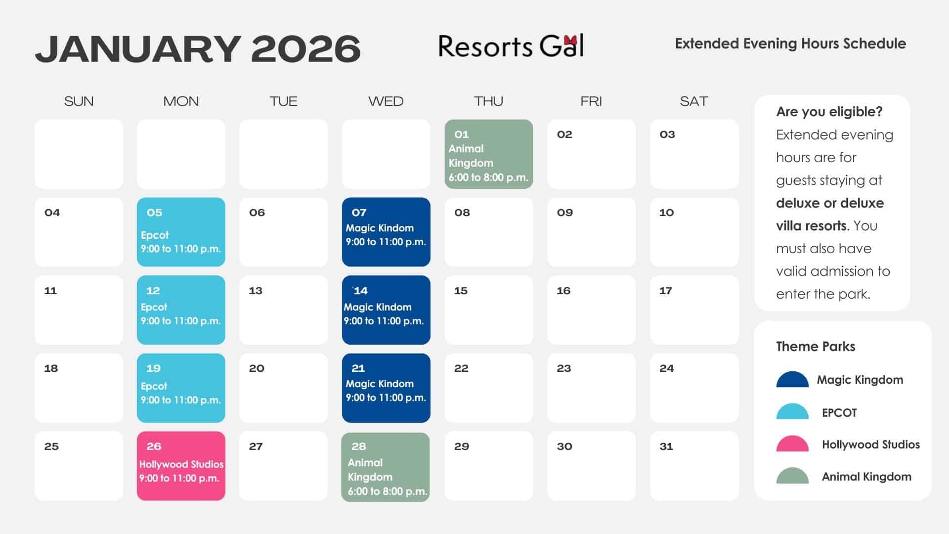 a calendar with Extended Evening Hours Dates for January 2026