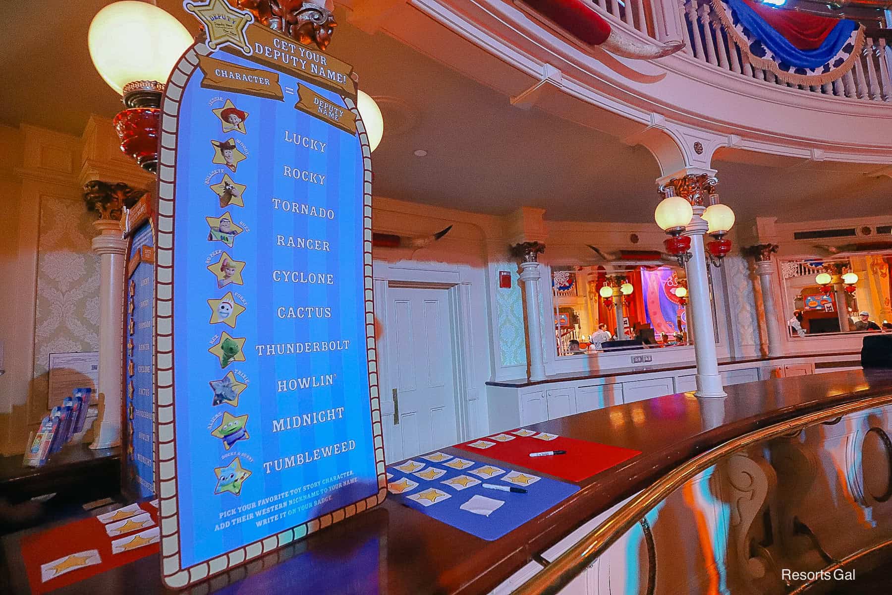a Get Your Deputy Name board with badges for guests 