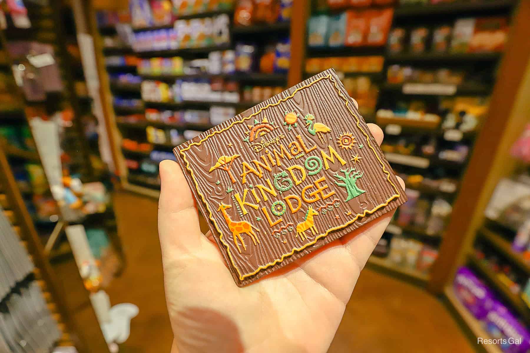 a hand holding the older version of the Animal Kingdom Lodge magnet 
