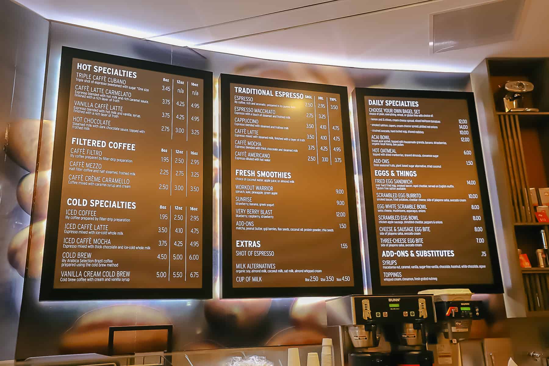 menu showing various coffee and other offerings 