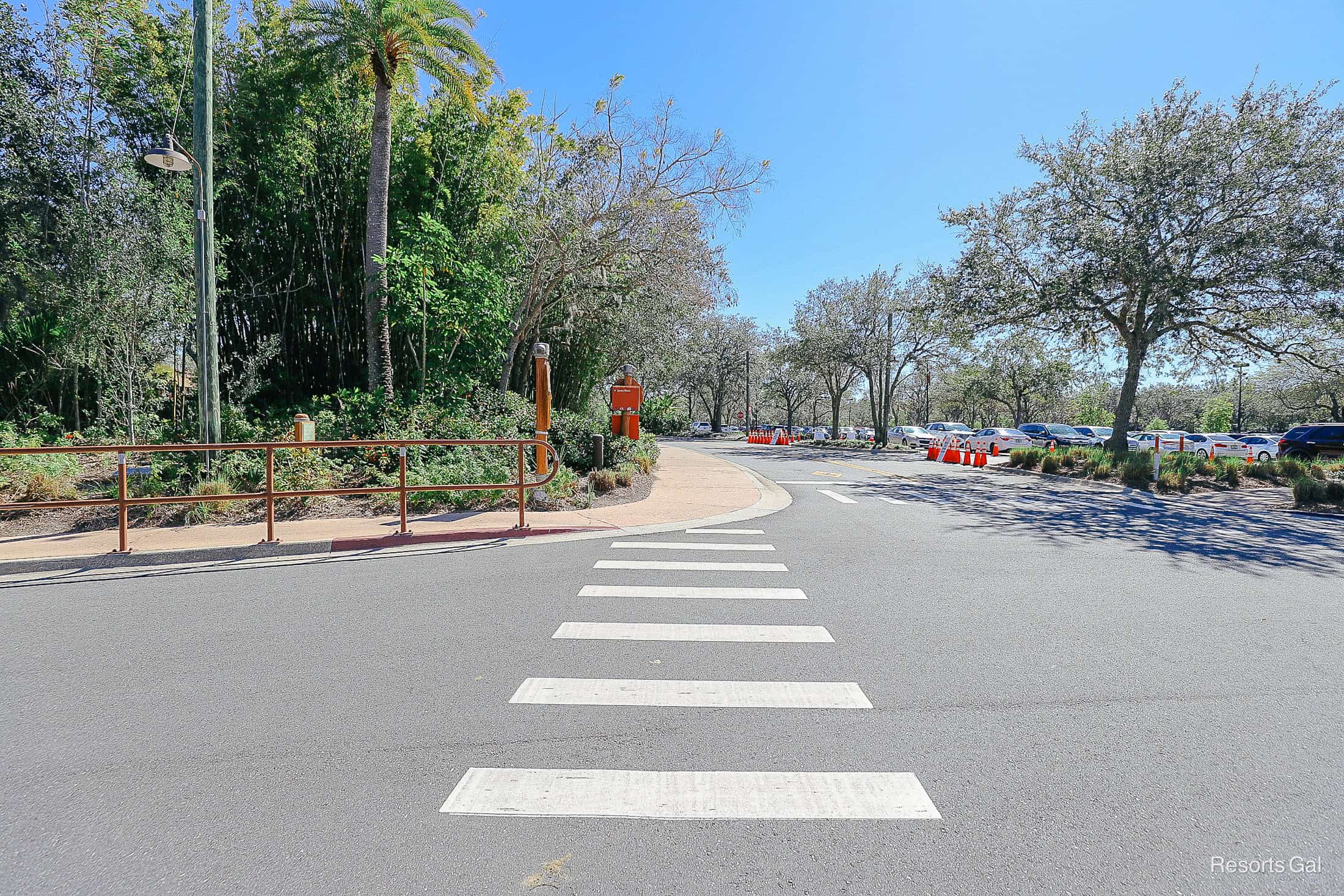 a crosswalk across an intersection near Jambo House on the walkway to Kidani Village 