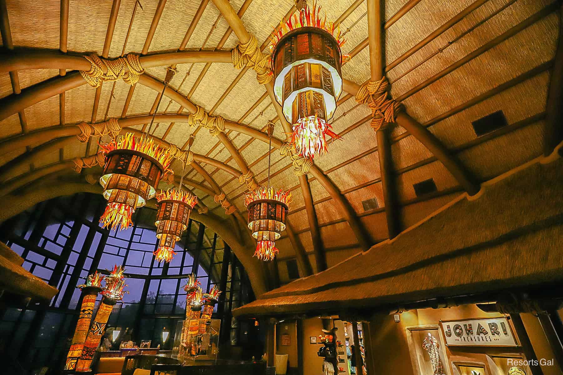 the lobby of Kidani Village at sunset 