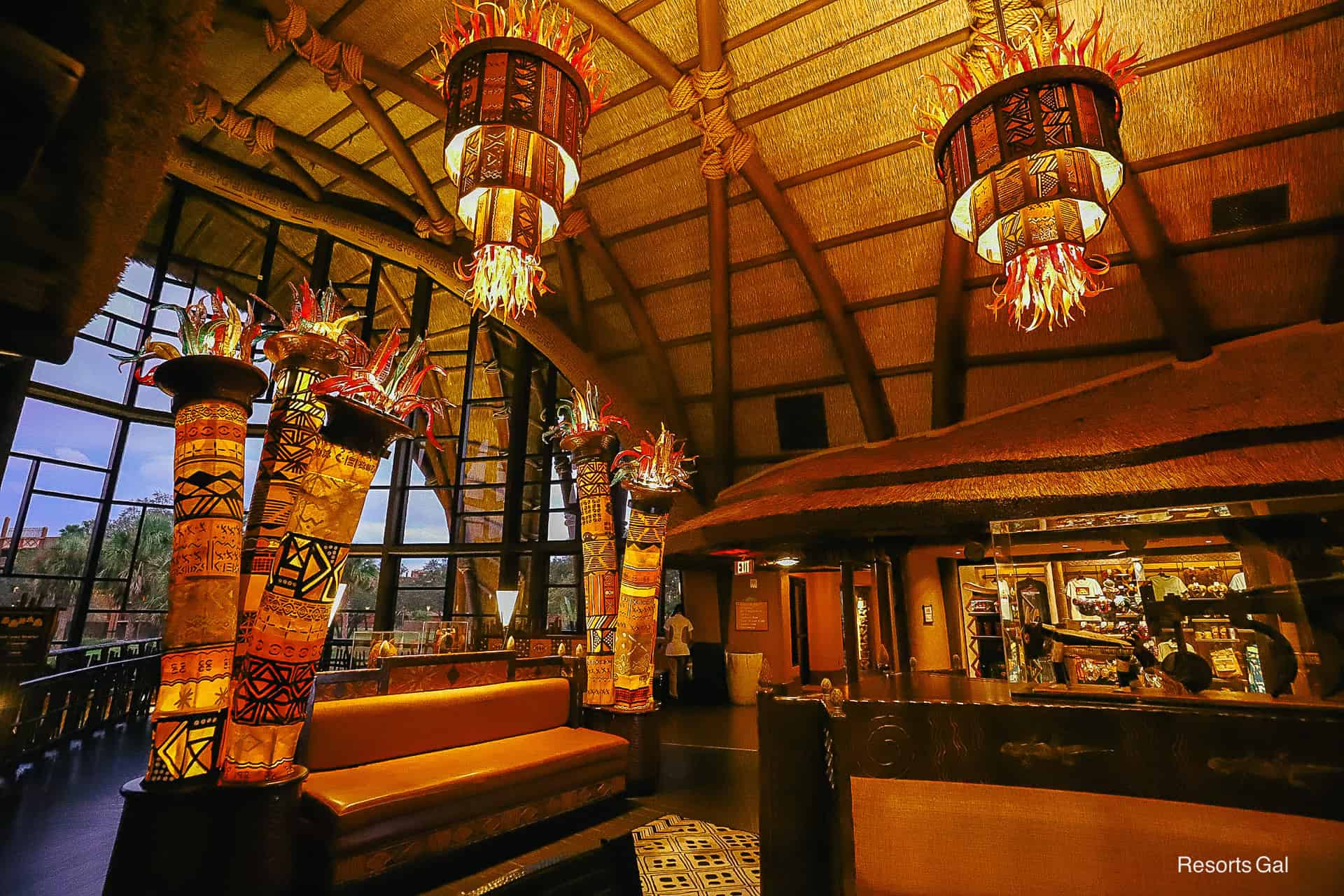 glowing light fixtures in the lobby of Kidani Village 