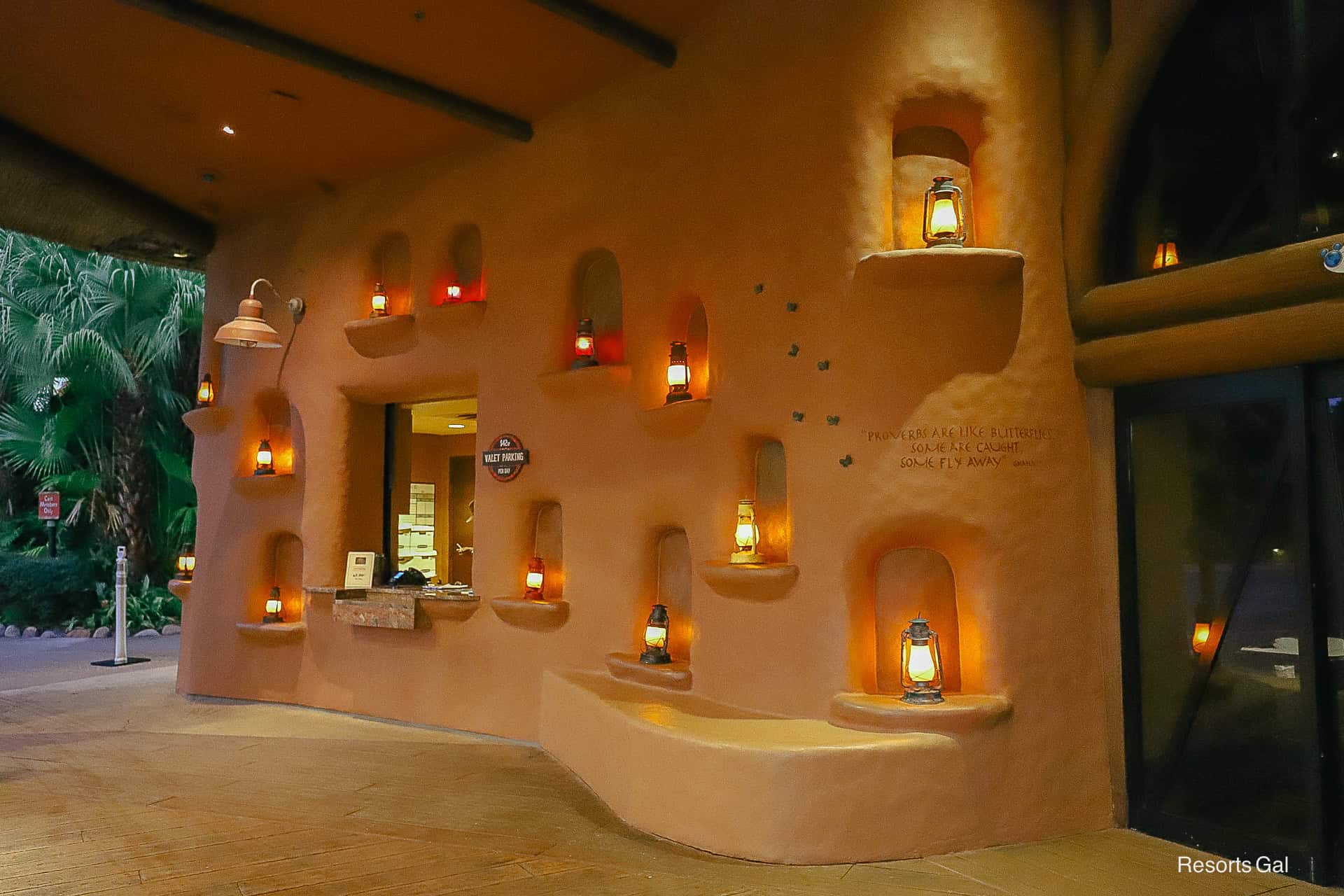 the lanterns on the opposite wall of the lobby