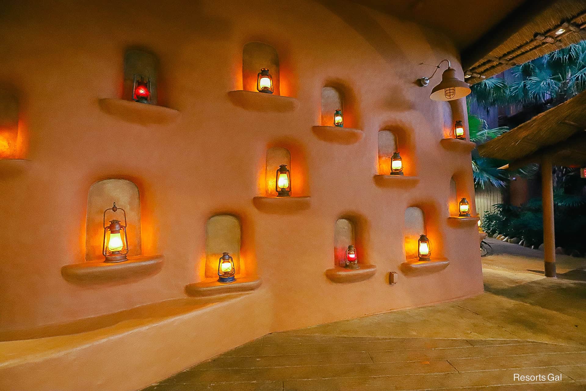 a wall of lanterns at the entrance to the Kidani Village lobby 
