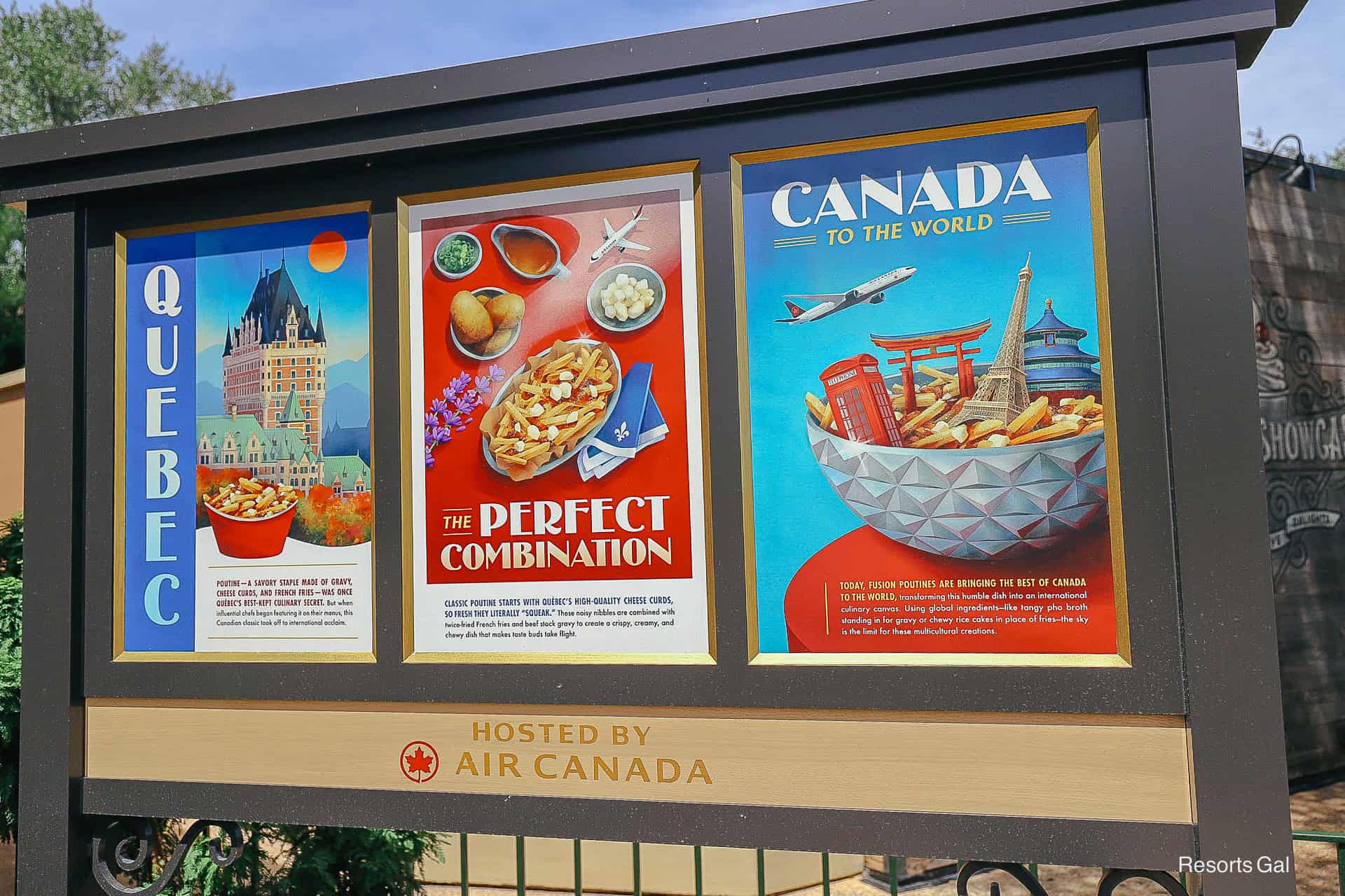 a sign that offers the history of poutine fries