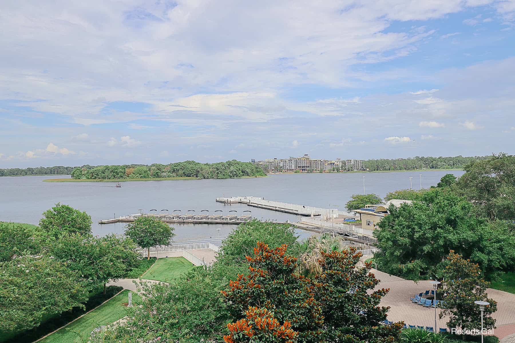 a view of Lakeshore Lodge from the Skyway bridge at Bay Lake Tower