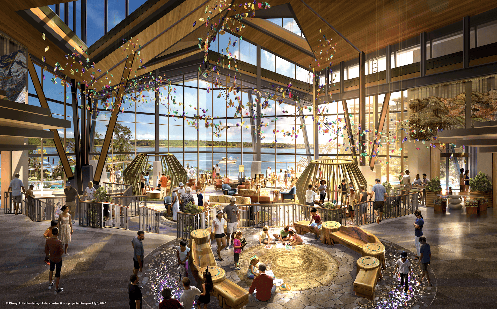 Lakeshore Lodge lobby with new fiberoptic river and Pocahontas themed light sculpture (Concept Art) 