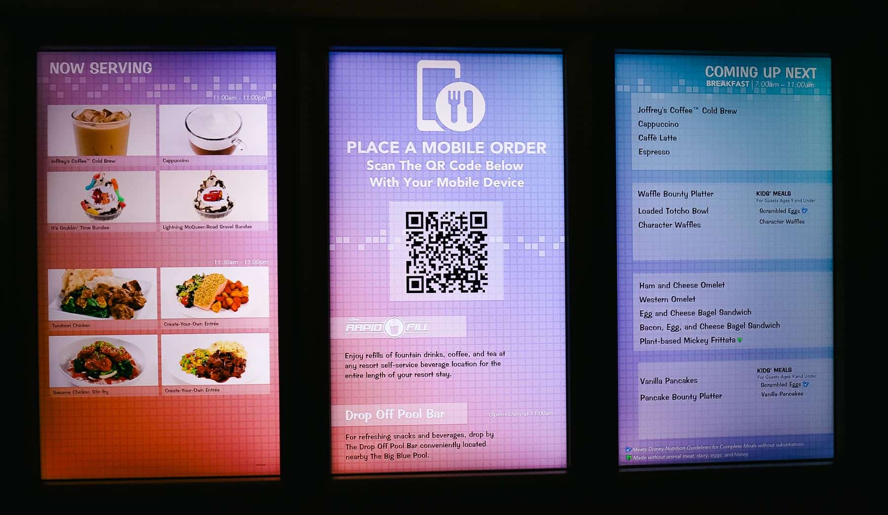 a menu board that changes showing the various options available and a section on how to place a mobile order