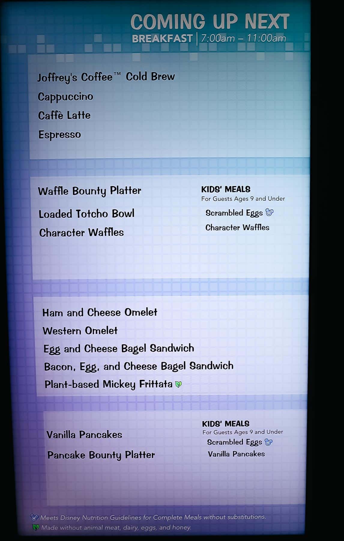 Breakfast menu board at Landscape of Flavors 