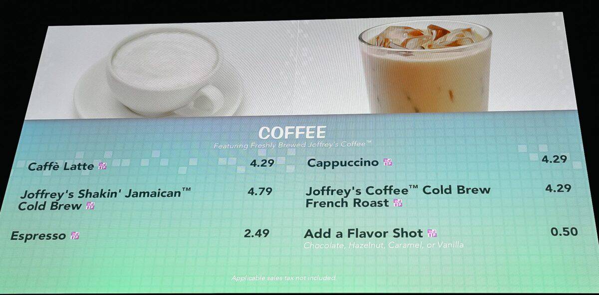 menu board that shows the coffee options at Art of Animation 