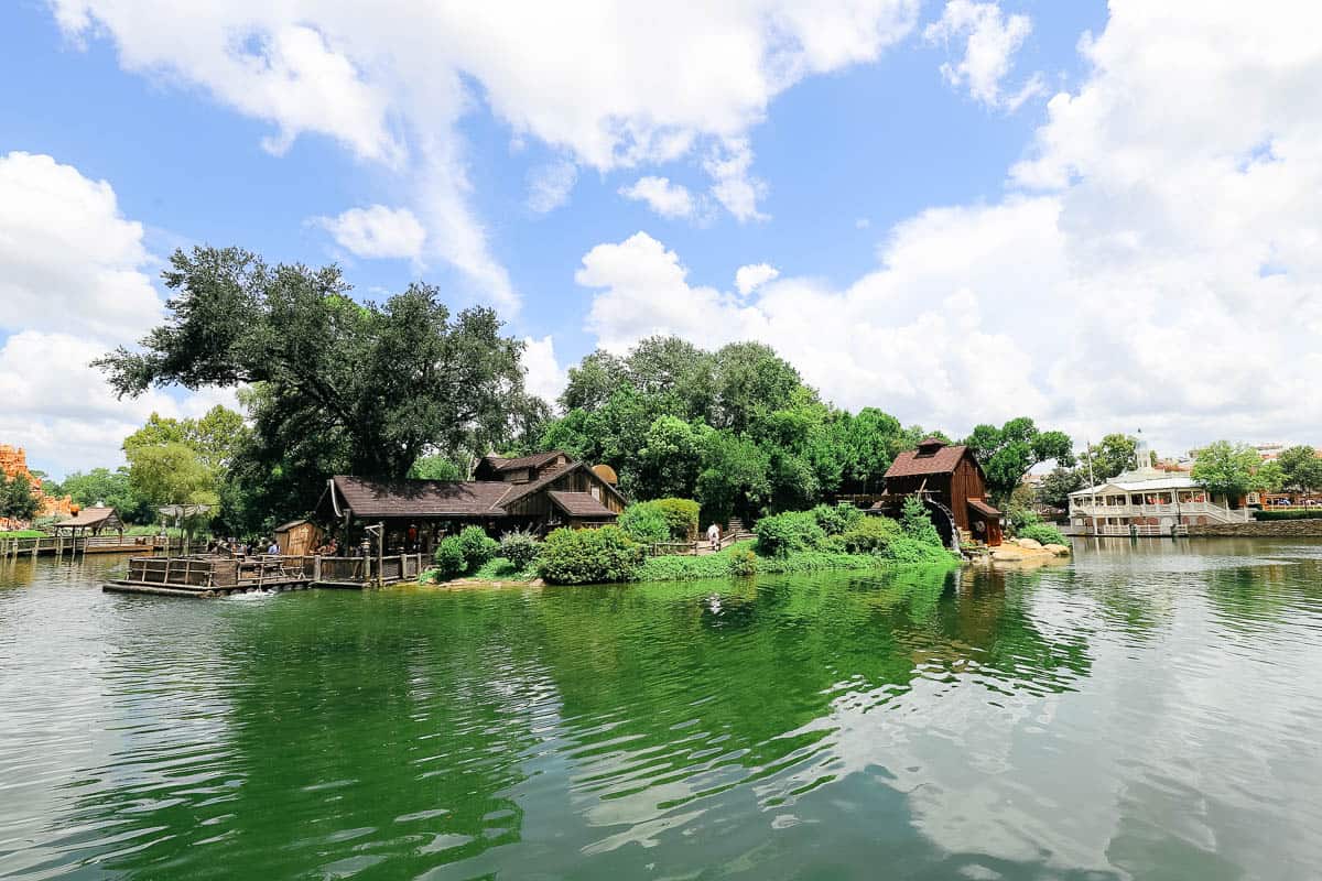 A view of Harper's Mill on Tom Sawyer's Island from the boat. 