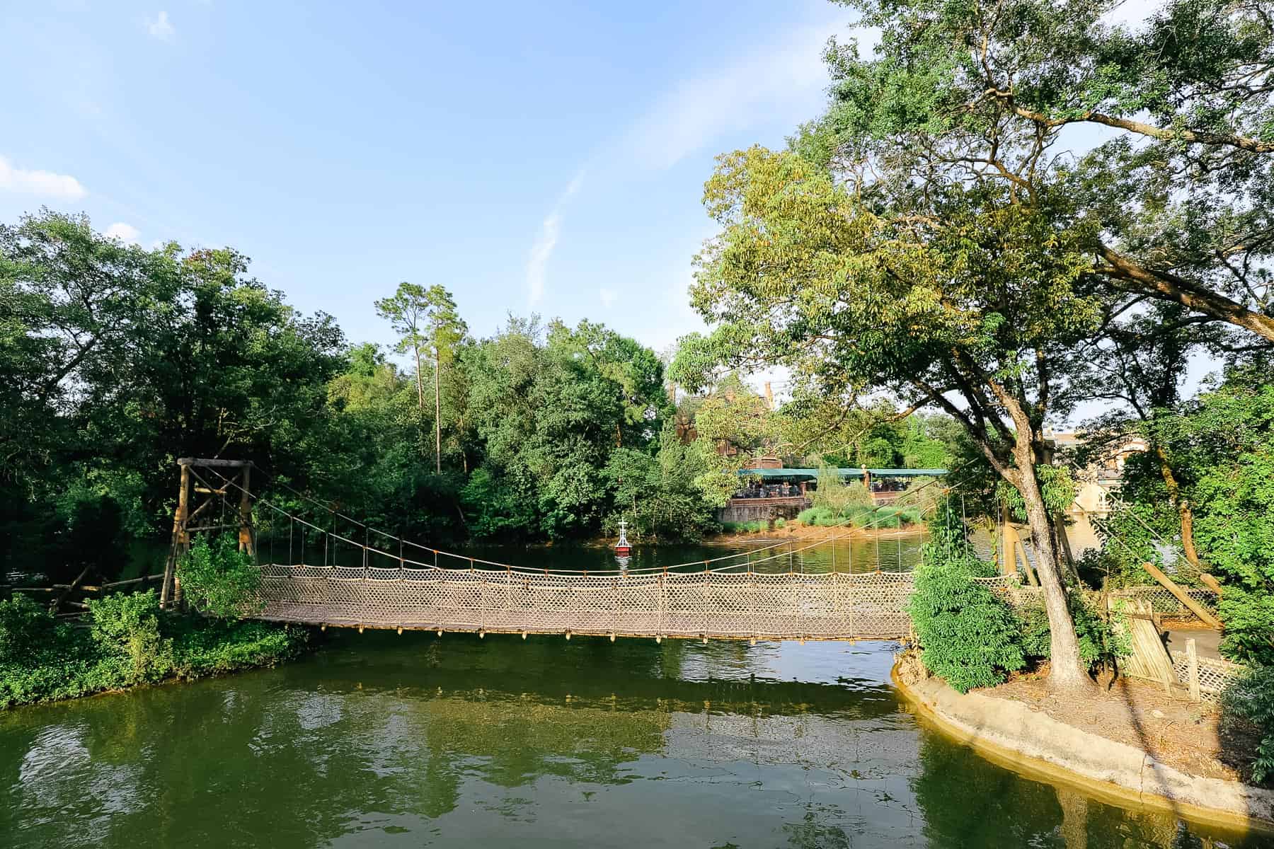 A view of the suspension bridge on Tom Sawyer Island from the Liberty Belle. 