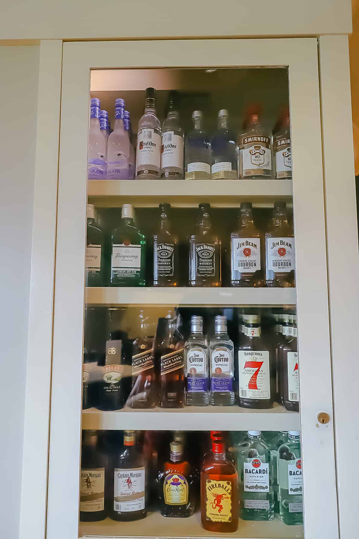 liquors in a case behind the counter of Disney's Beach Club Marketplace 