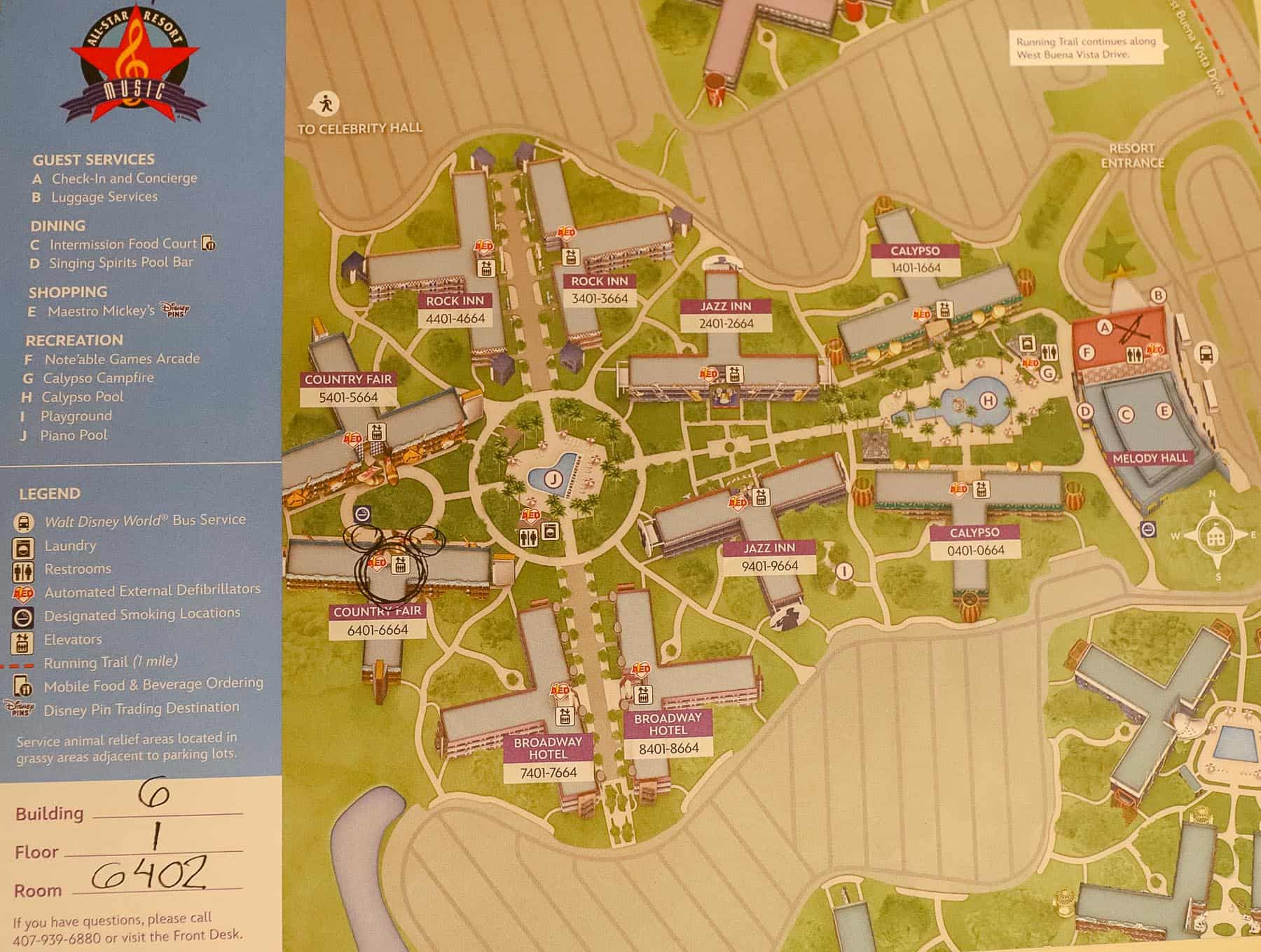 shows the location of our room at Disney's All-Star Music 