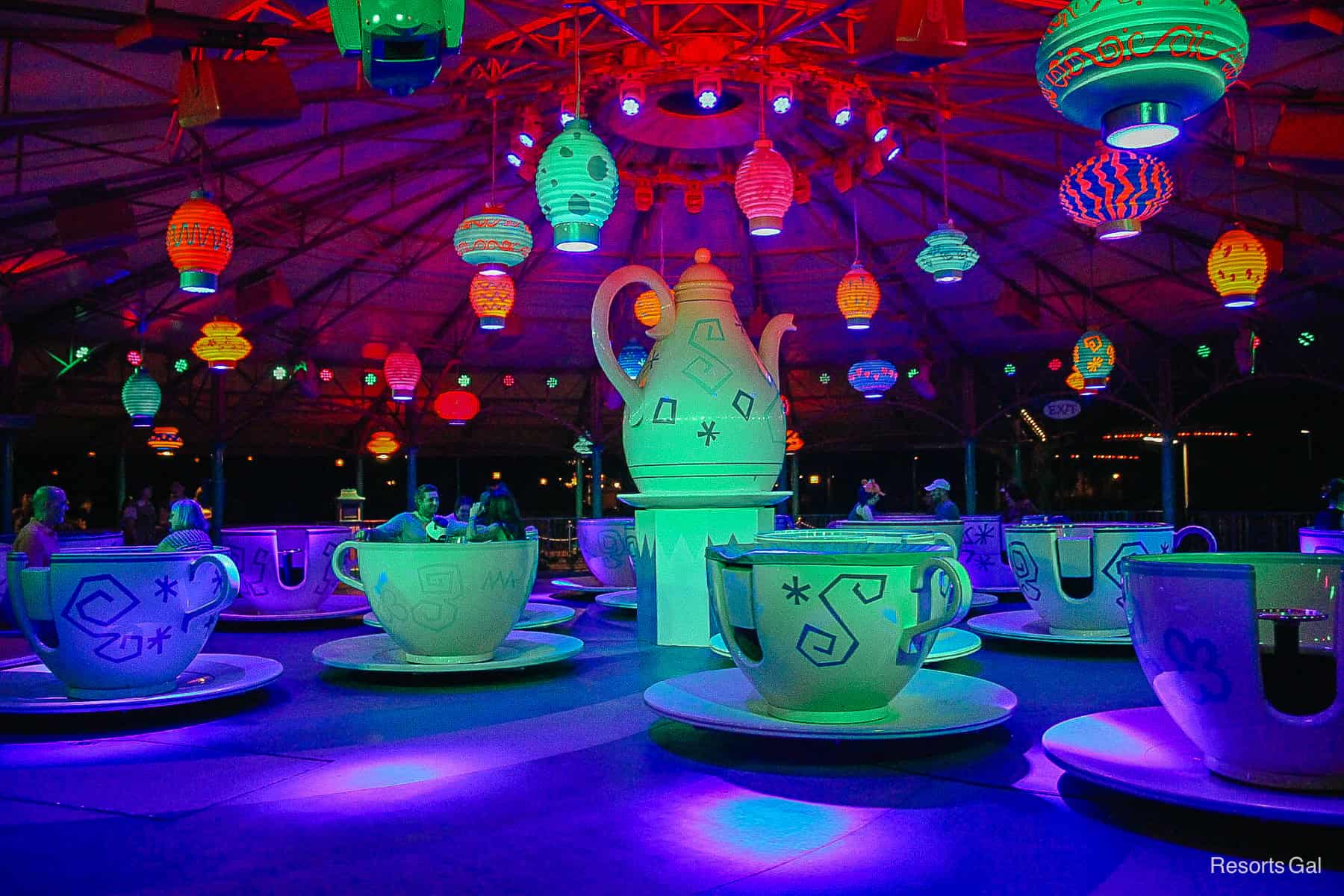a projection overlay on the Mad Tea Party during Halloween at Magic Kingdom