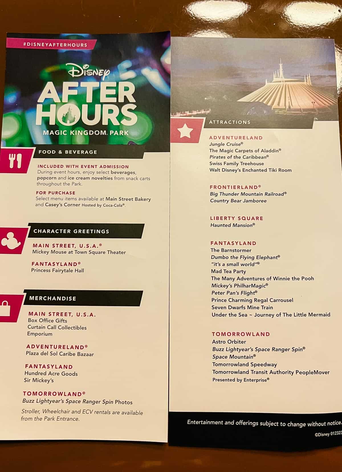 The event guide that lists attractions available during Magic Kingdom After Hours. 
