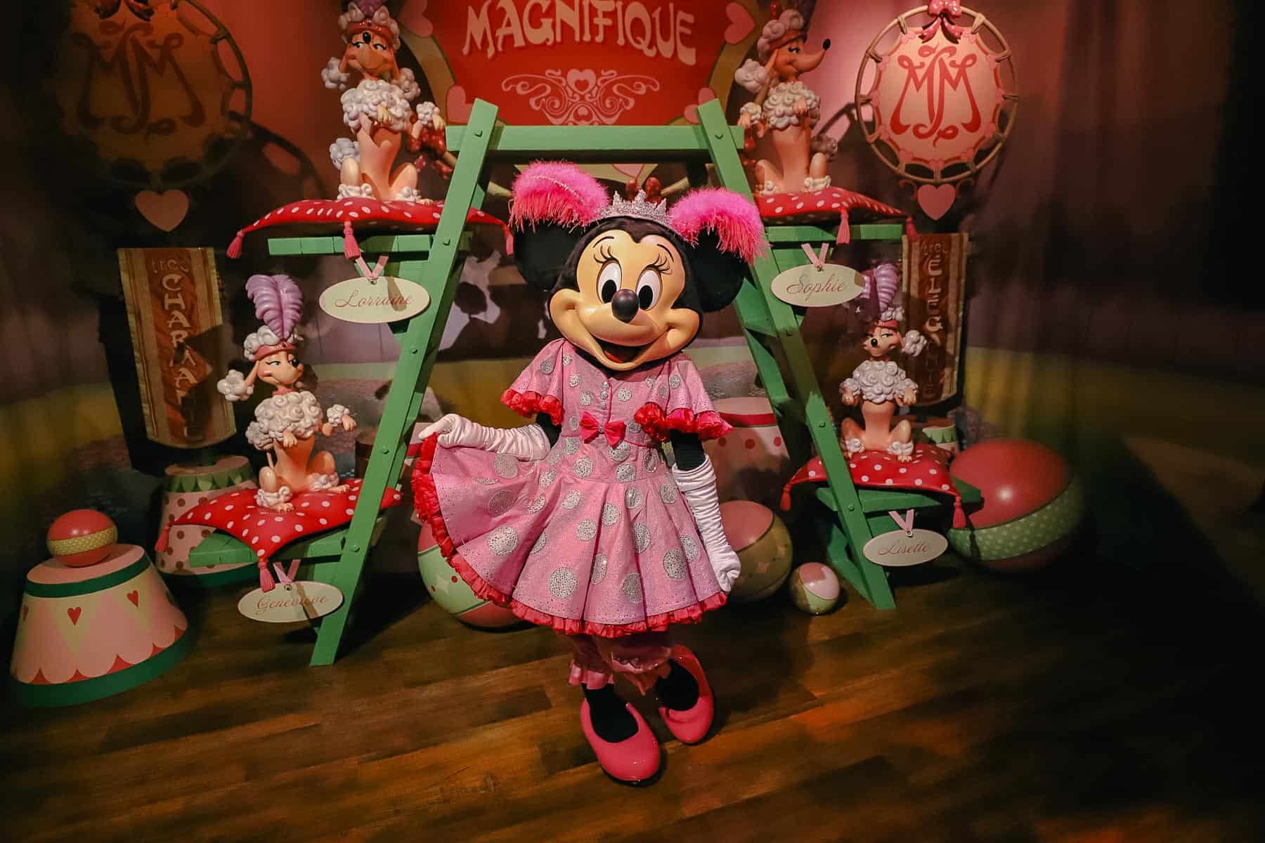 Minnie Mouse in a pink dress. 