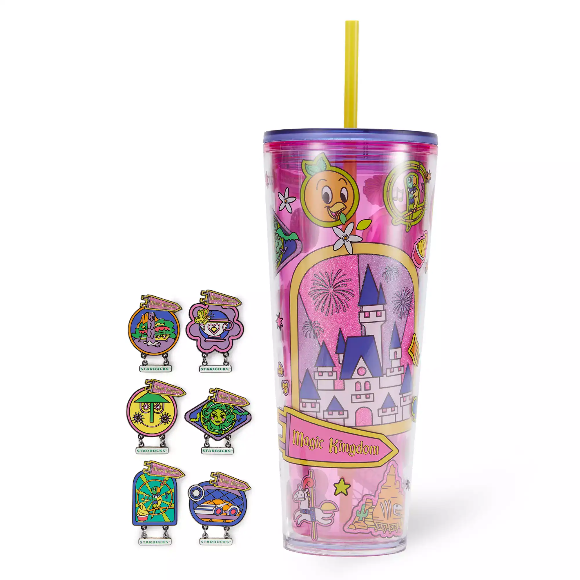the Magic Kingdom Starbucks Travel Tumbler with mystery pin set 