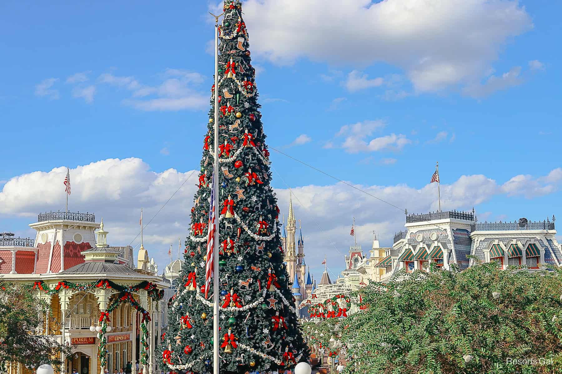 a zoomed look from above of al l the wreaths lined down Main Street 