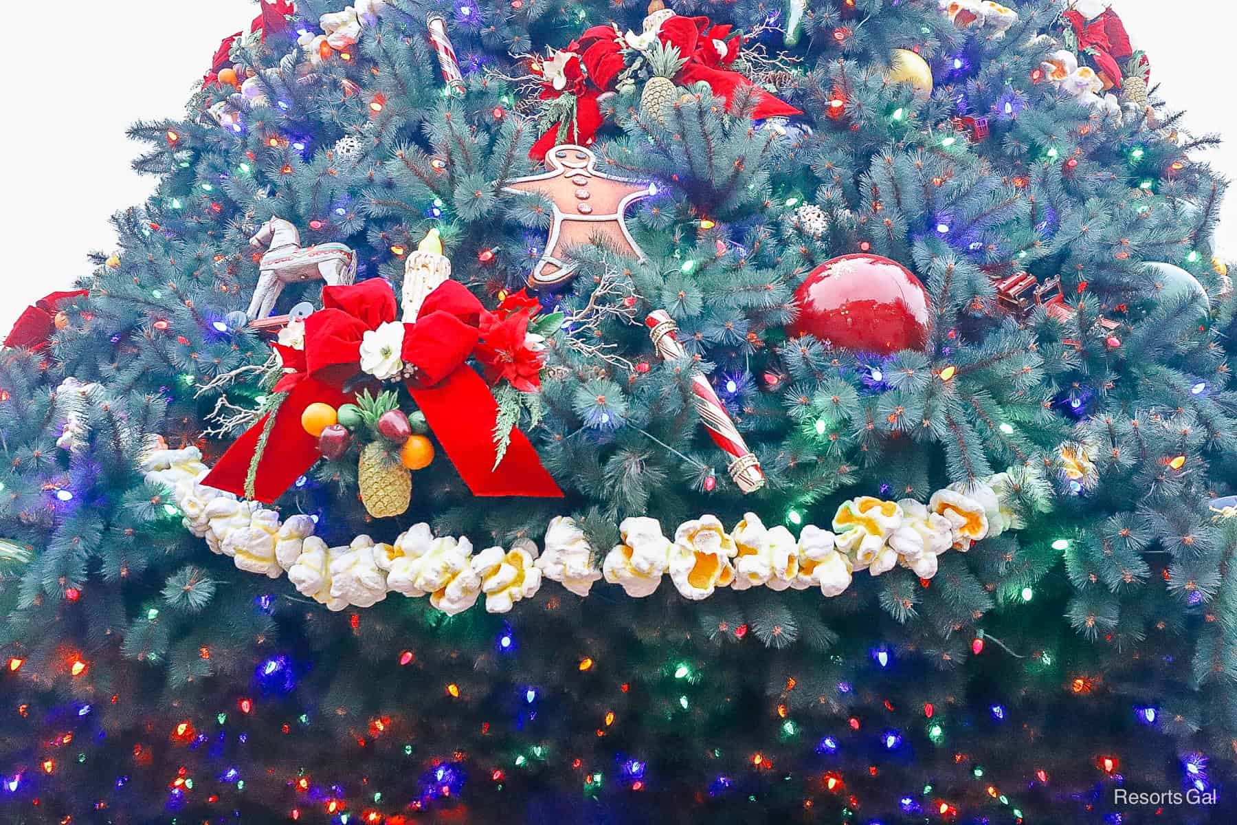 a closeup of the decorations on Magic Kingdom's Christmas tree 