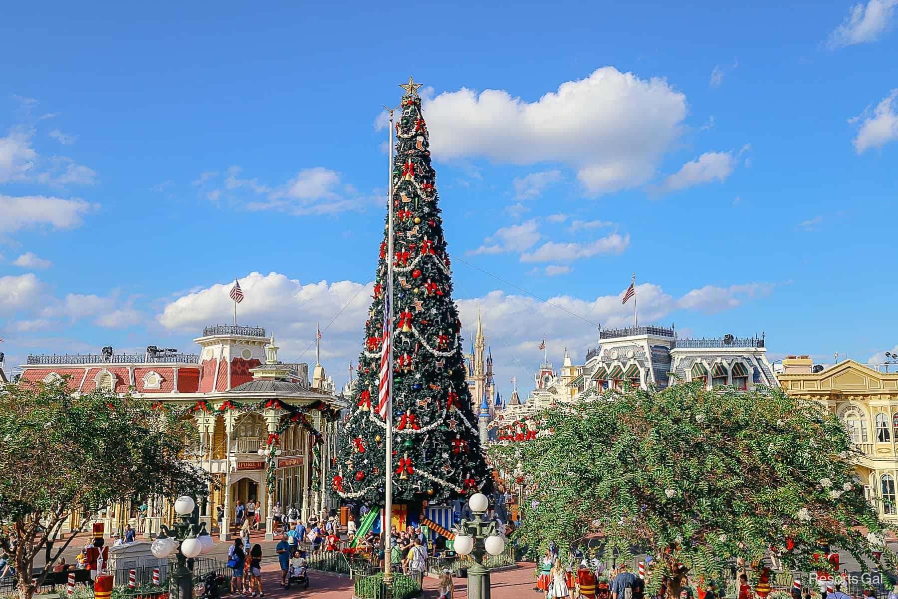 a view of the Christmas tree down Main Street U.S.A. taken from the train station 