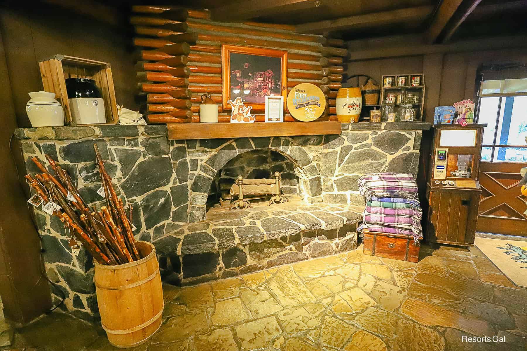 the fireplace inside The Meadow Trading Post at Fort Wilderness 