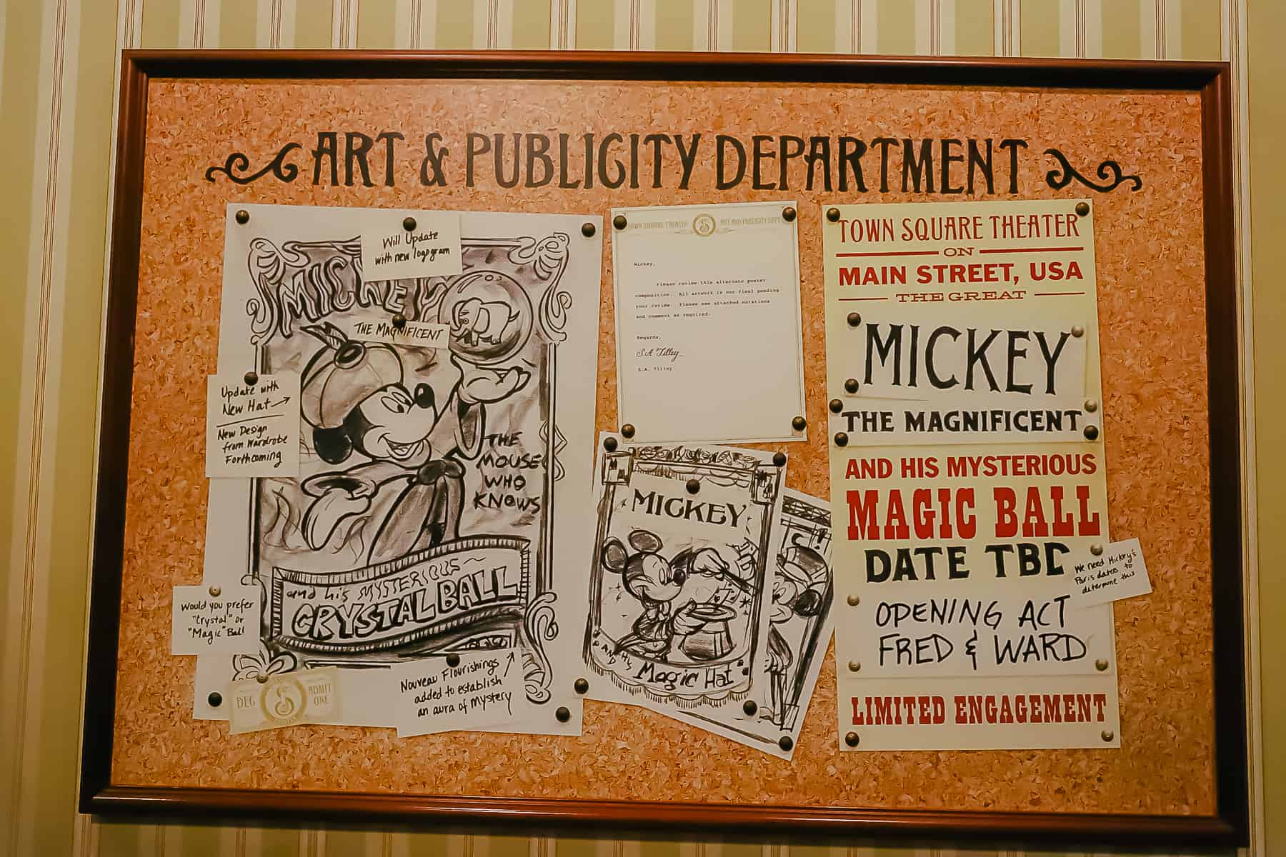 A queue prop that shows sketches of Micke and play bills. 
